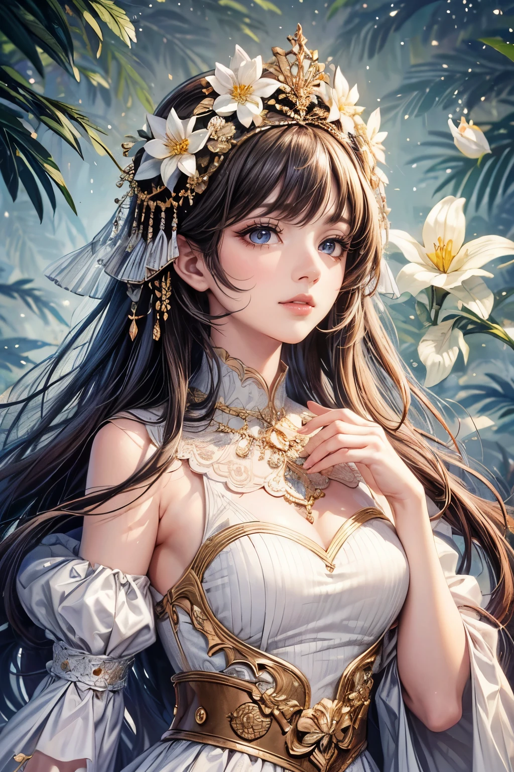 (best quality,8K,CG),detailed upper body,solitary girl,floral forest background,complex facial features,elegant long curly hair,almond-shaped big eyes,detailed eye makeup,long eyelashes,twinkling stars,exquisite lip details,soft and harmonious style.