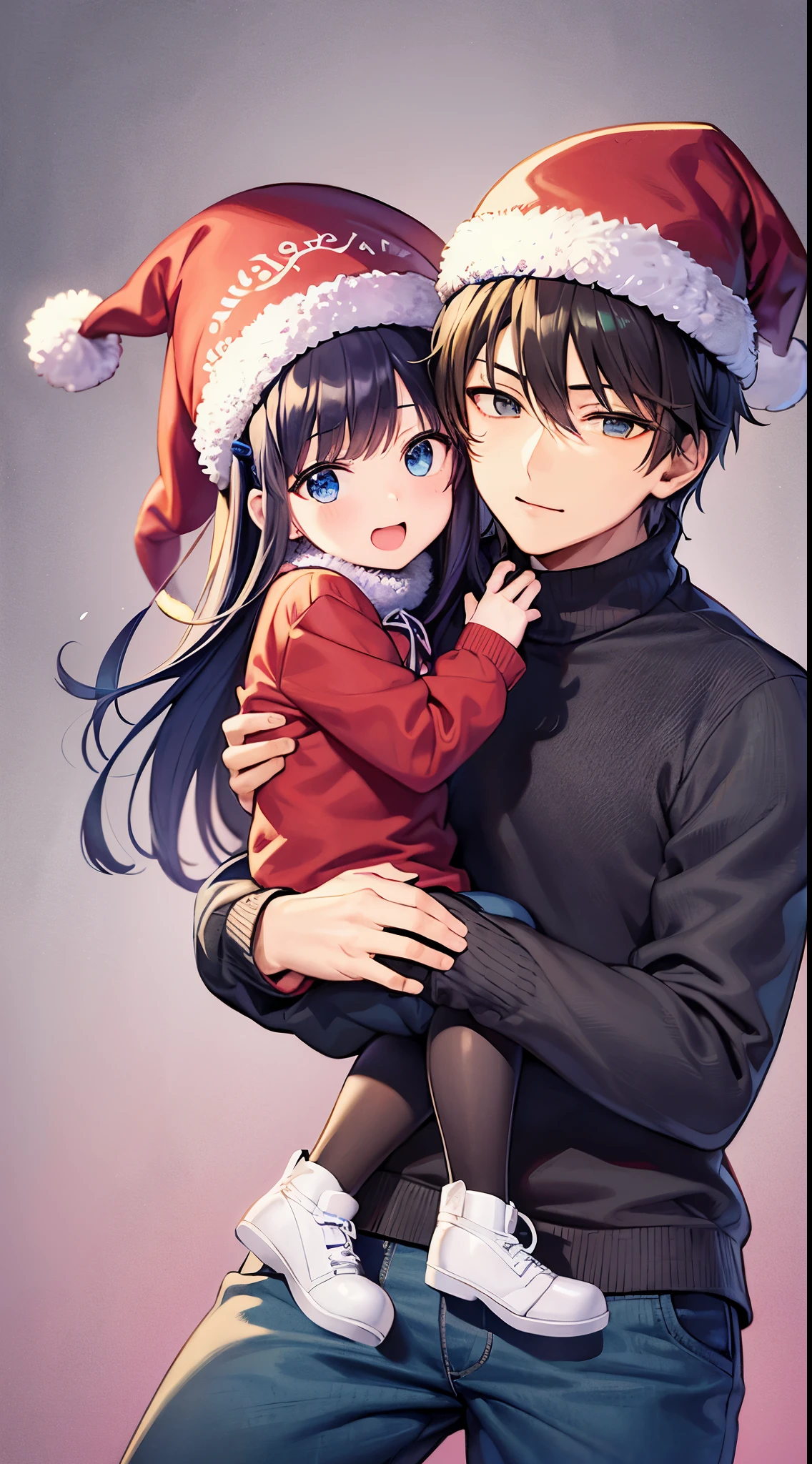 (blue-black hair anime guy,)、Wearing Santa hat and Santa clothes and pants、There is a turtleneck sweater underneath)、(tall anime man with blue eyes)、,Cuddling with a child wearing a snowman costume、little smiling、hijikata toushirou of gintama, anime handsome guy,