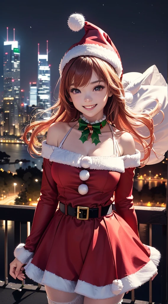 (SONY_a1.SEL50F12GM.Exquisite photos taken with a combination of)、masuter piece、Photorealsitic:1.3、top-quality、one girls、silver extra long hair、Hair fluttering in the wind、Blue eyes、a small face、Happy smile、Santa Claus Cosplay:1.7、Colossal tits:1.5、Open chest:1.4、Constriction、Santa Claus's red hat、Red miniskirt:1.2、Red tights、Brown platform boots、beauty legs、Dim lighting、A city with snow falling in the night sky、View here、Angle from diagonally above、Full body、Sharp Focus、depth of fields、Background blur
