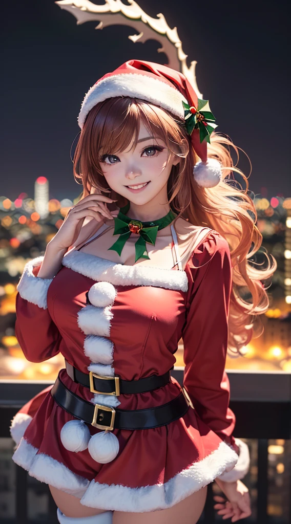 Highly detailed CG Unity 8k wallpaper, Highest quality, ultra - detailed, A high resolution, On the table, actual, realisticlying:1.5), (Cute japanese girltra detailed face, Face focus, 美丽细致的眼睛, Eye focus, (detailedbackground:1.2), Detailed clothes, Ultra-delicate skin, (Wearing a cute Santa Claus costume:1.5), (Night cityscape background:1.5), medium long curly hair, Brown hair, Fluttering, medium, medium, (cosmetics), (cute smiling:1.5), (Perspectives:1.5),