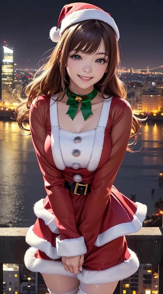 Highly detailed CG Unity 8k wallpaper, Highest quality, ultra - detailed, A high resolution, On the table, actual, realisticlying:1.5), (Cute japanese girltra detailed face, Face focus, 美丽细致的眼睛, Eye focus, (detailedbackground:1.2), Detailed clothes, Ultra-delicate skin, (Wearing a cute Santa Claus costume:1.5), (Night cityscape background:1.5), medium long curly hair, Brown hair, Fluttering, medium, medium, (cosmetics), (cute smiling:1.5), (Perspectives:1.5),