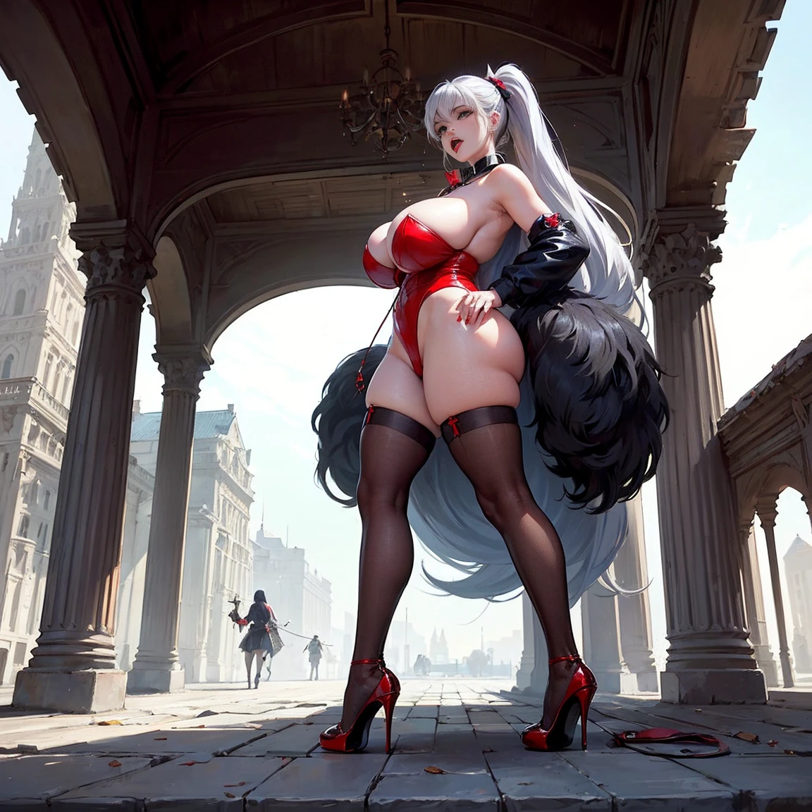 En plein air, crawling, Young woman, collars, fearsome, teardrop,, Dog leashes, Tongue stock, longponytail, Be red in the face, Plenty of white liquid, (((ridiculously big)))), (ridiculously big: 1.5), ((huge stockings, high-heels, in rags with, Unkempt, , Obsessive,