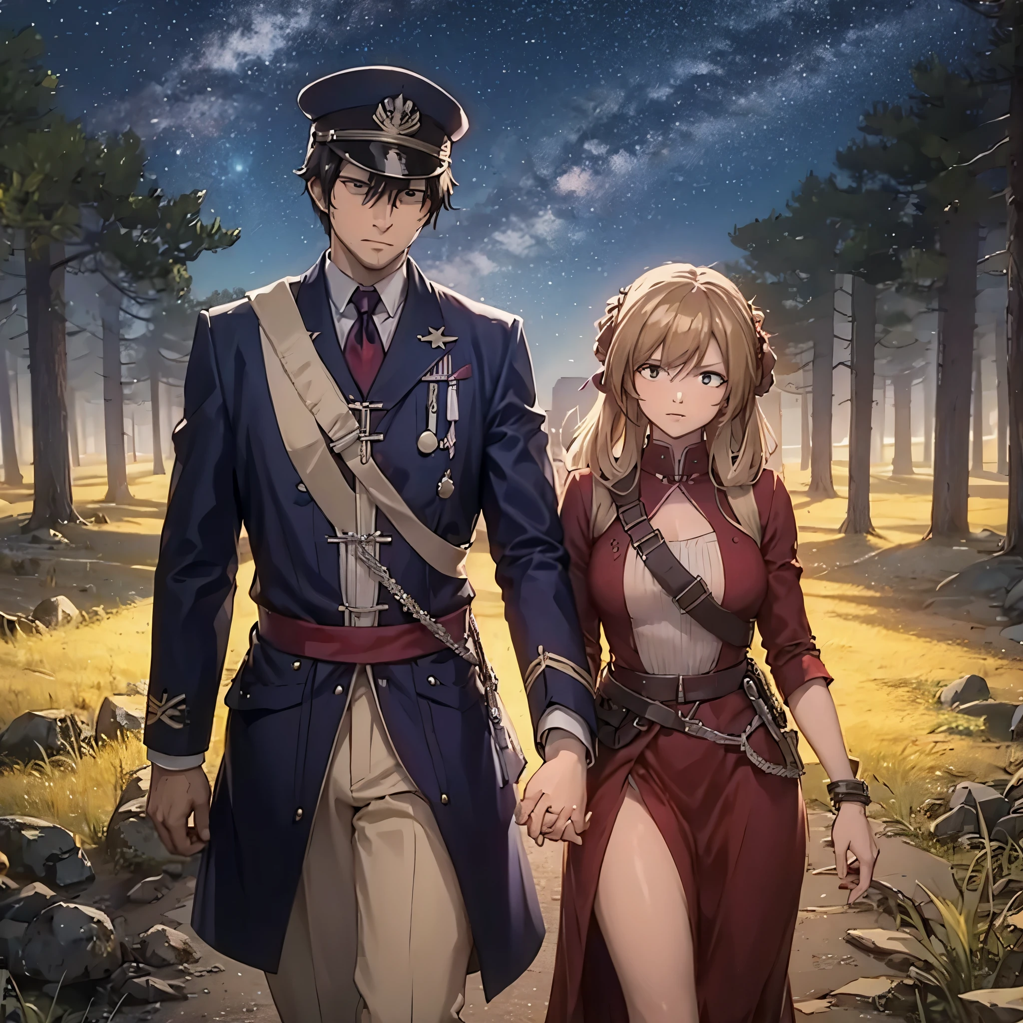 man in military clothing holding the hand of woman on a battlefield at night