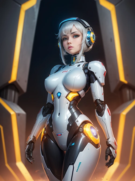 ((sex robot girl, Mecha)), olhos brilhantes,, rosto delicado, armadura quebrada, Mechanical aura, Mechanical arm, cabelos grisalhos, cabelos longos,  doll ceramic body, lacuna na coxa, mama grande, mamilo duro. cyber background, cidade muito boa, luz do dia, (translucent, Pele reflexiva), 8k, best quality, ultra-detalhado, (Surrealismo: 1.4),
