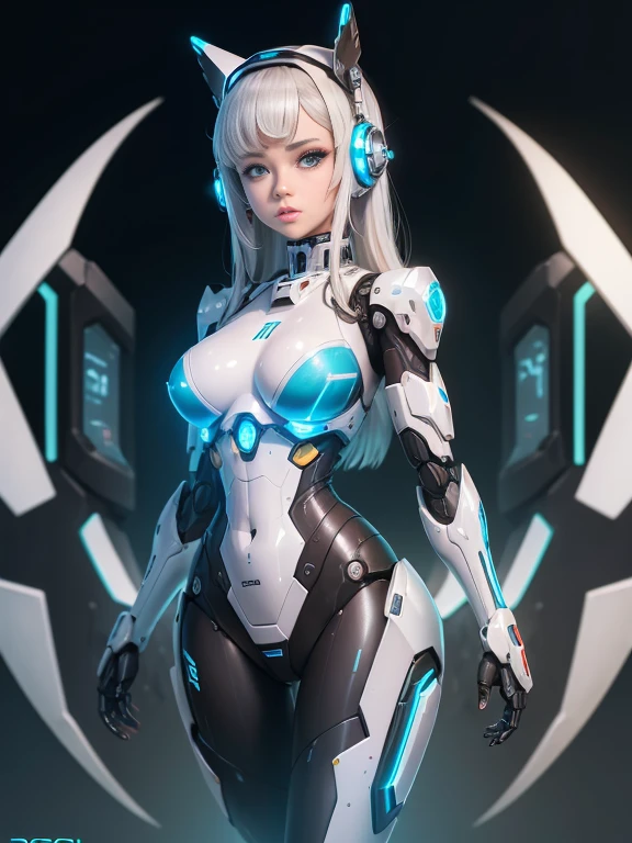 ((robot girl, Mecha)), olhos brilhantes, Usando fones de ouvido, rosto delicado, armadura quebrada, Mechanical aura, Mechanical arm, cabelos grisalhos, cabelos longos, sexy doll ceramic body, lacuna na coxa, mama grande, mamilo duro. cyber background, cidade muito boa, (translucent, Pele reflexiva), 8k, best quality, ultra-detalhado, (Surrealismo: 1.4),