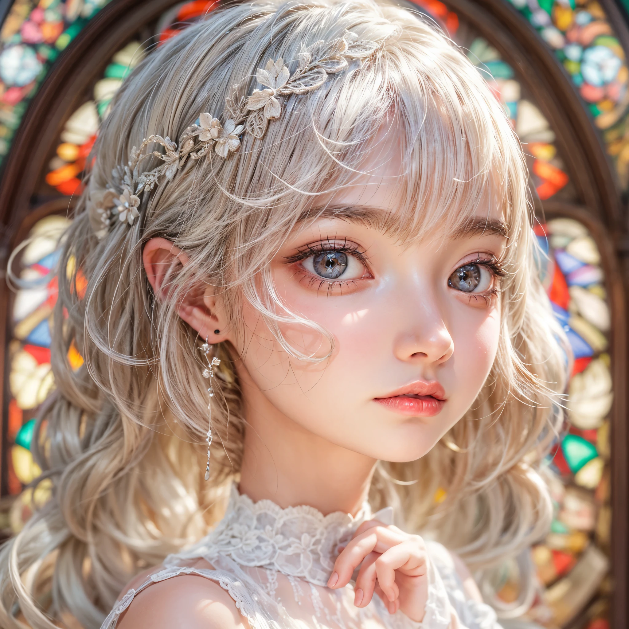 SFW, concept art, Tiny junior idol, Delicate lace knitted white clothes, (nipple:-0.9), (face closeup, (Dazzling stained glass Background)), (((Renbutsu Misako), colorful Light shines through stained glass:1.2, vivid red colors, lense Particle, lens flare, light Particle, Dazzling Halo, Acutance:0.8)). (masterpiece:1.2),(ultra-detailed:1.37),(realistic,photorealistic,photo-realistic:1.37), (Extremely detailed KAWAII face variations, innocent expression variations), rosy cheeks, intricate detailed eyes with sparkling highlights, long eyelashes with volume, subtle blush on the face. Mystic sight, haze, impeccable skin texture, captivating gaze, ((Dynamic-angle, physically-based rendering)), whole Body proportions and all limbs are anatomically accurate .