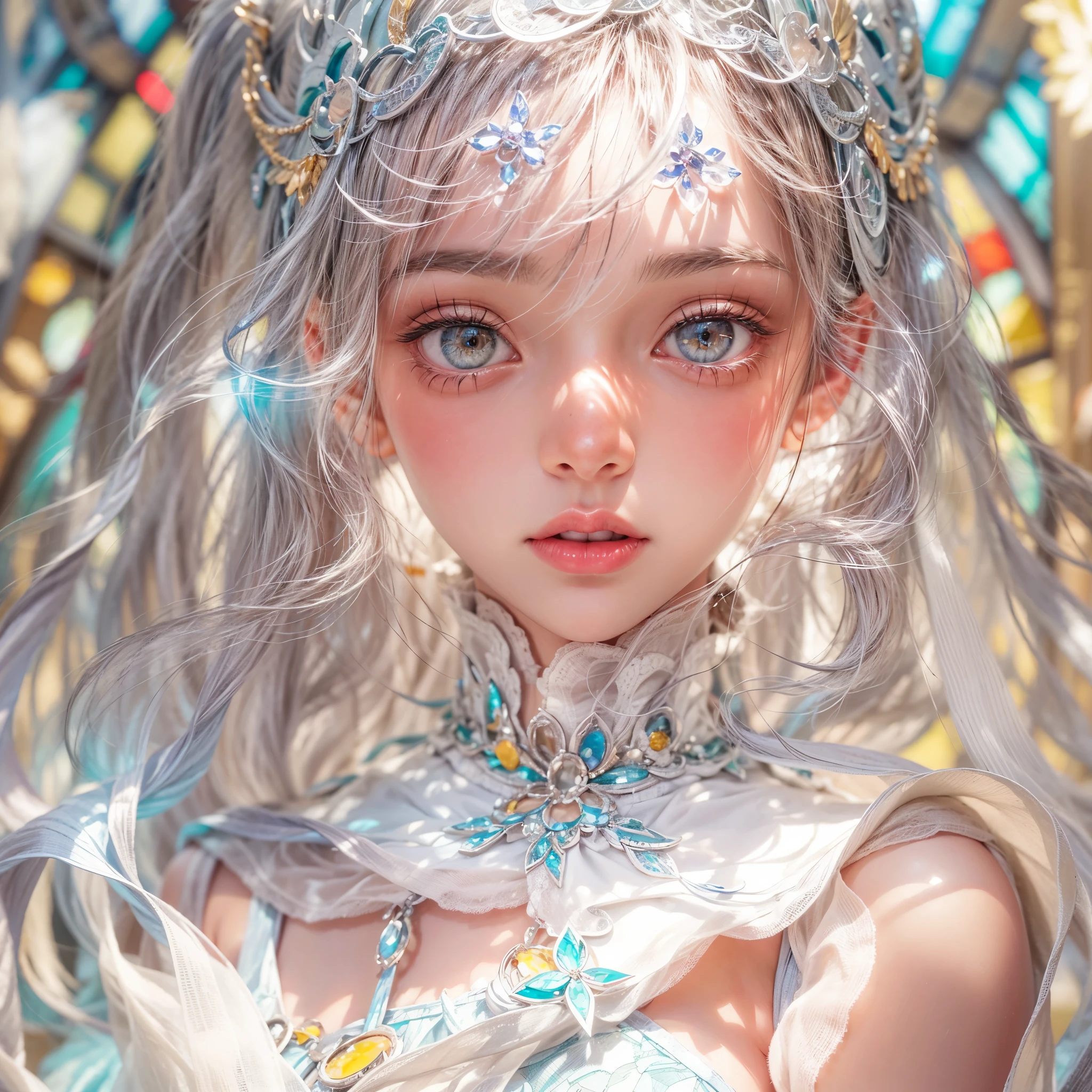 (SFW, Exposed:1.2), concept art, Tiny junior idol, Delicate lace knitted white clothes, (nipple:-0.9), (face closeup, (Dazzling stained glass Background)), (((Renbutsu Misako), vivid colorful Light shines through delicate stained glass:1.35, Dazzling Halo, Acutance:0.8)), {vivid red |Mystic sight | haze | lense Particle | lens flare | light Particle}. (masterpiece:1.2),(ultra-detailed:1.37),((realistic,photorealistic,photo-realistic:1.37)), (Extremely detailed KAWAII face variations, innocent expression variations), {rosy cheeks | intricate detailed eyes with sparkling highlights | long eyelashes with volume | subtle blush on the face}. impeccable skin texture, captivating gaze, ((Dynamic-angle, physically-based rendering)), whole Body proportions and all limbs are anatomically accurate . full of flowers covering girl's body .