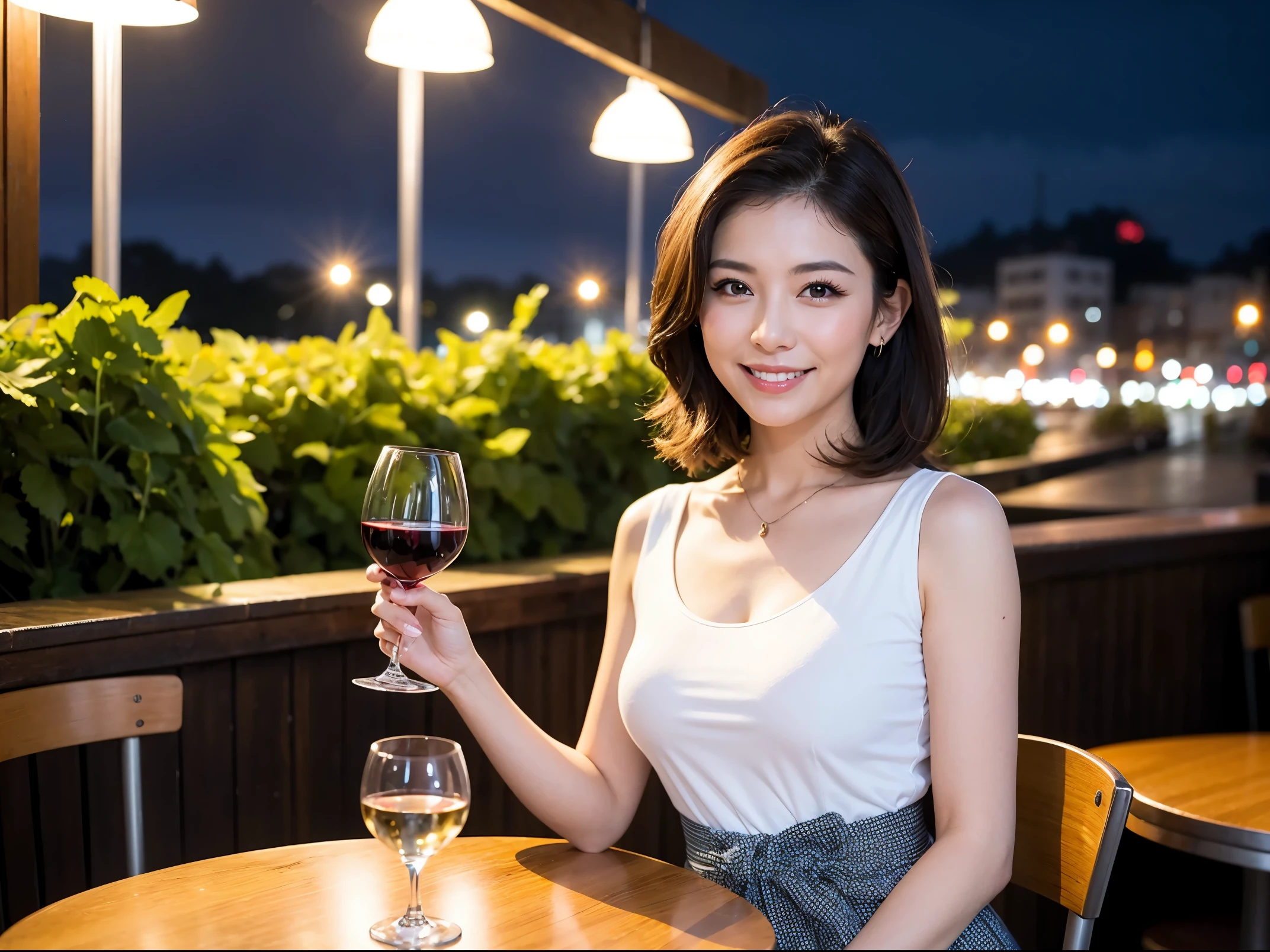 (64k uhd, nffsw, of the highest quality, masutepiece: 1.2), (Realistic, Photorealistic: 1.37), Pretty Woman 1, (Slim Face), (slimボティ), (Brown hair), (short-cut), Americana、Frenchman、cheeks blush a little, (40 years old), 38 years, Solo, A beautiful and detailed night view spreads out outside the window......, restaurant, wine glassesに座って, At night, In a prominent place (from waist up) NovaFrogStyle, actress, Model, waist-up, white wine, slim, wine glasses, Super clean night view, 真ん中に置かれたwine glasses, Happy smile, (Smile: 1.15), Beautiful fine eyes, Upper body, Bust Japan Up, Night, Short, Short, actress, Model, waist-up, white wine, slim, wine glasses, Super clean night view, 真ん中に置かれたwine glasses, Happy smile,