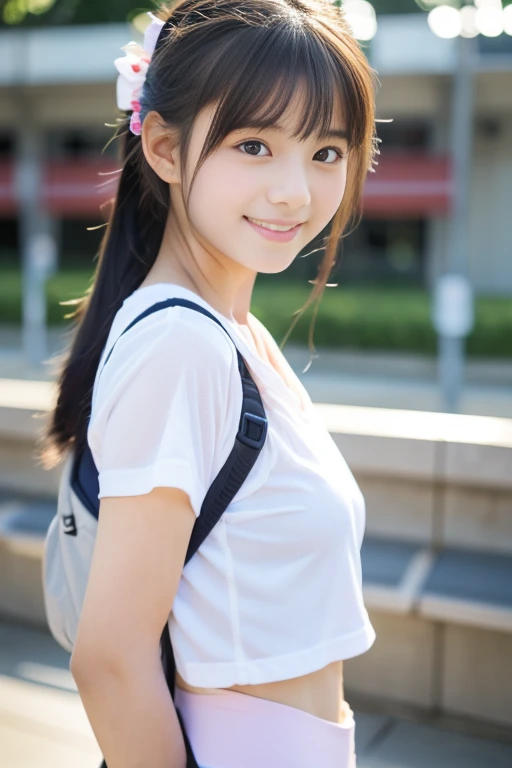 (((masterpiece))), (One beautiful Japan girl, classmates, landscape and innocence,kawaii) ,超A high resolution, Realistic, ultra-detailliert, 8K,top-quality, Extremely detailed, Detailed background,A slender,very beautiful japanese girl, Detailed face:1.3), (cute hairstyle,A dark-haired :1.4), (a baby face,kawaii系,adorable 14 year old girl), (Perfect body:1.1), (White gym clothes with short sleeves), The best smile,Show your beautiful teeth,Super Detailed Face、Detailed lips、A detailed eye、small gravure idol,Transparent skin、Lori,Carrying a backpack,On the station platform at night,In the spotlight