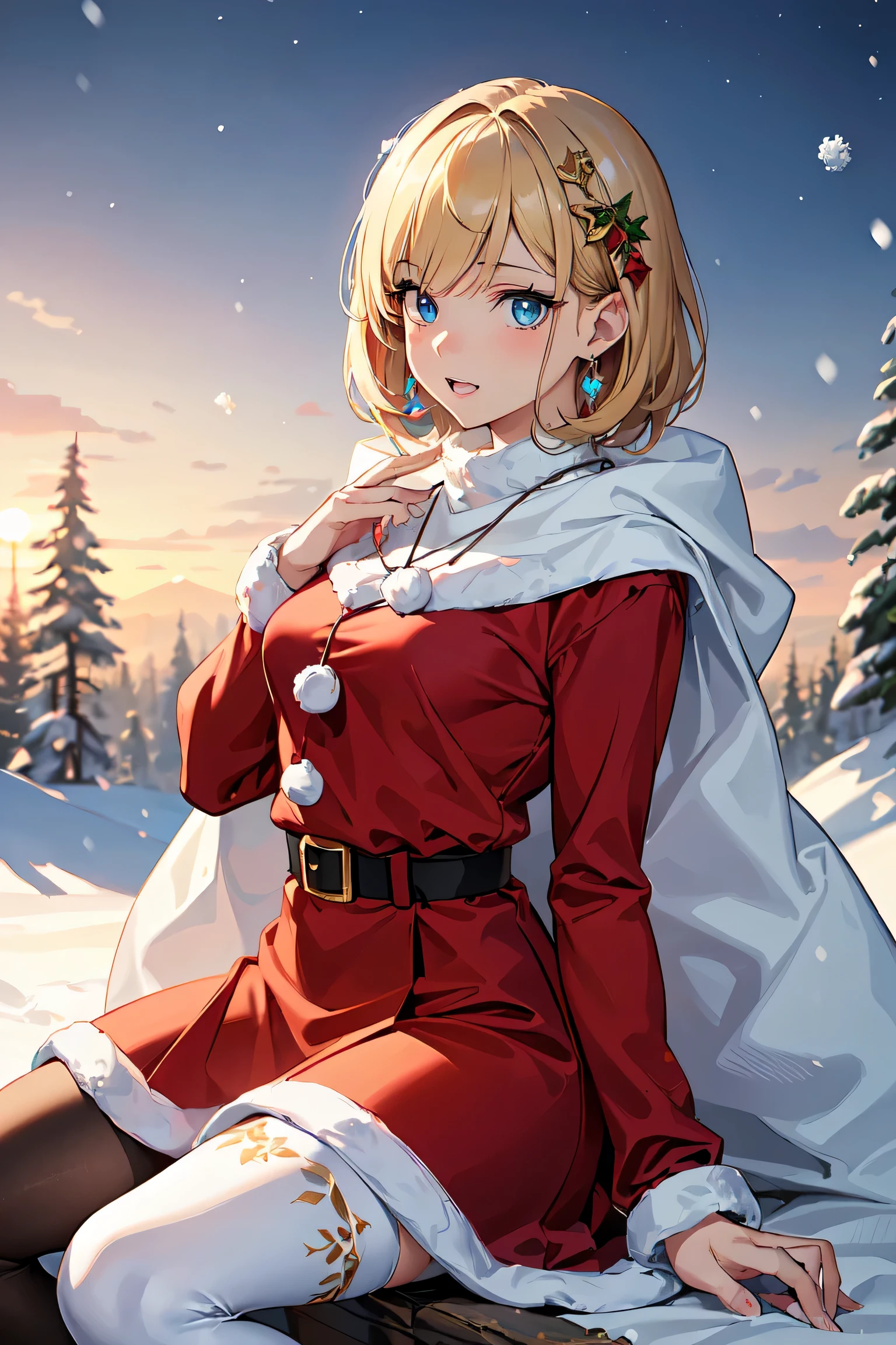 ((masutepiece)), ((Best Quality)), (Ultra-detailed), (superfine illustration), ((kawaii)), tremble for), ((Extremely detailed)), (Detailed eyes), (detailed facial features), (Detailed fingers), (detailed clothes features), 4K, (8K), (Beautiful), (dynamic compositions), (portlate:1.3), (santa costume:1.3), Sitting on a stump, Pretty women, 1 woman, (Brown skin:1.2), Brown hair, Medium short hair, (Beautiful blue eyeeautiful eyes)), White teeth, (tights), (Hair ornaments), Earring Necklace), (Raulche, mont, vila, evening, Winters, Shine with colored light, Lens Flare, (snow effect), shiny