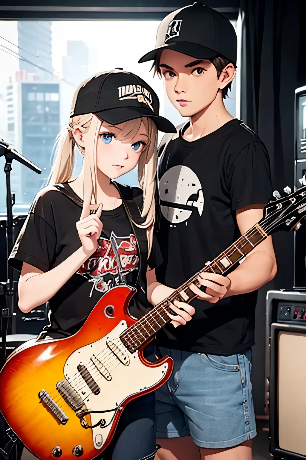 pop punk in studio, girl holding guitar together with boy playing drum