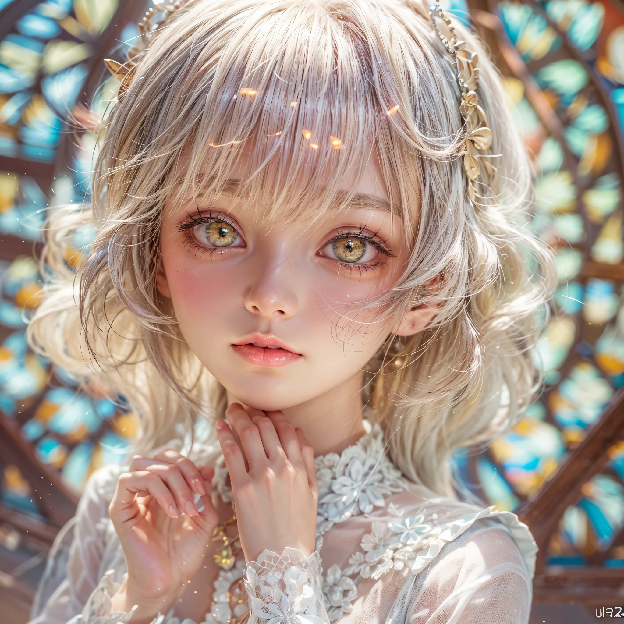SFW, concept art, Tiny junior idol, Delicate lace knitted white clothes, (nipple:-0.9), (face closeup, (Dazzling stained glass Background)), (((Renbutsu Misako), colorful Light shines through stained glass:1.2, vivid red colors, lense Particle, lens flare, light Particle, Dazzling Halo, Acutance:0.8)). (masterpiece:1.2),(ultra-detailed:1.37),(realistic,photorealistic,photo-realistic:1.37), (Extremely detailed KAWAII face variations, innocent expression variations), rosy cheeks, intricate detailed eyes with sparkling highlights, long eyelashes with volume, subtle blush on the face. Mystic sight, haze, impeccable skin texture, captivating gaze, ((Dynamic-angle, physically-based rendering)), whole Body proportions and all limbs are anatomically accurate .