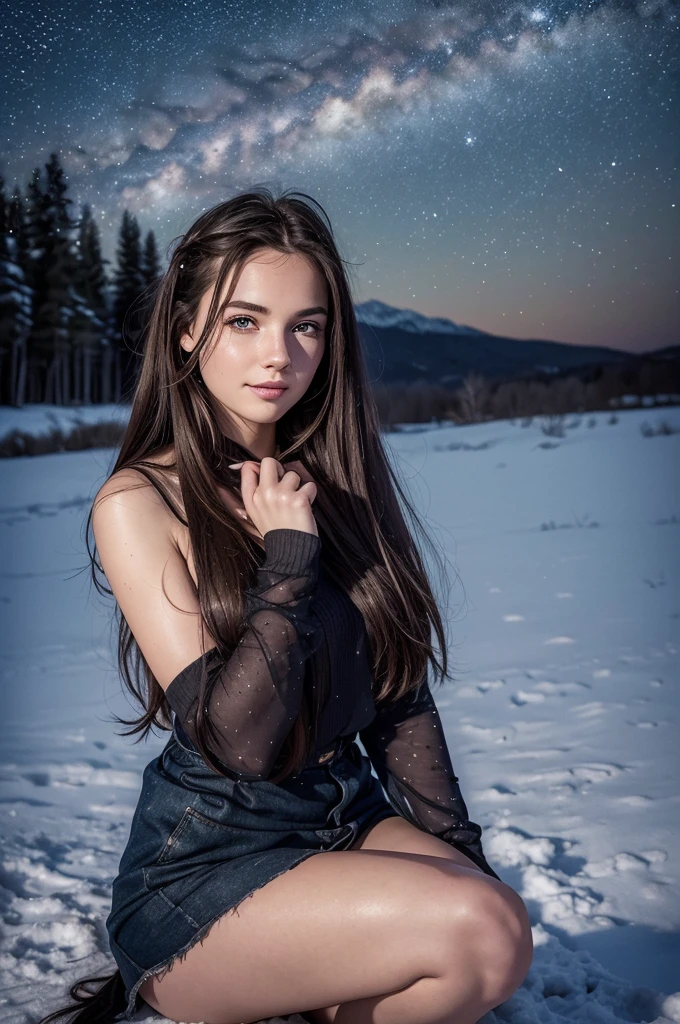 low  angle shot, night photo, in the countryside, under the winter starry sky,
1 gorgeous woman,
23years old, 
subtle smile, 
Flirting with the camera,
She is a model,  Pose, 
(European Girl:1.2), (Random hair:1.3),
(Realistic hair:1.2),
(Realistic eyes:1.2),
(Beauty face:1.Elfect body, 
Perfect hands, 
Kodak Gold 200, 
National Geographic Style,
Best Quality, 超A high resolution, (Photorealsitic:1.4), 8K,