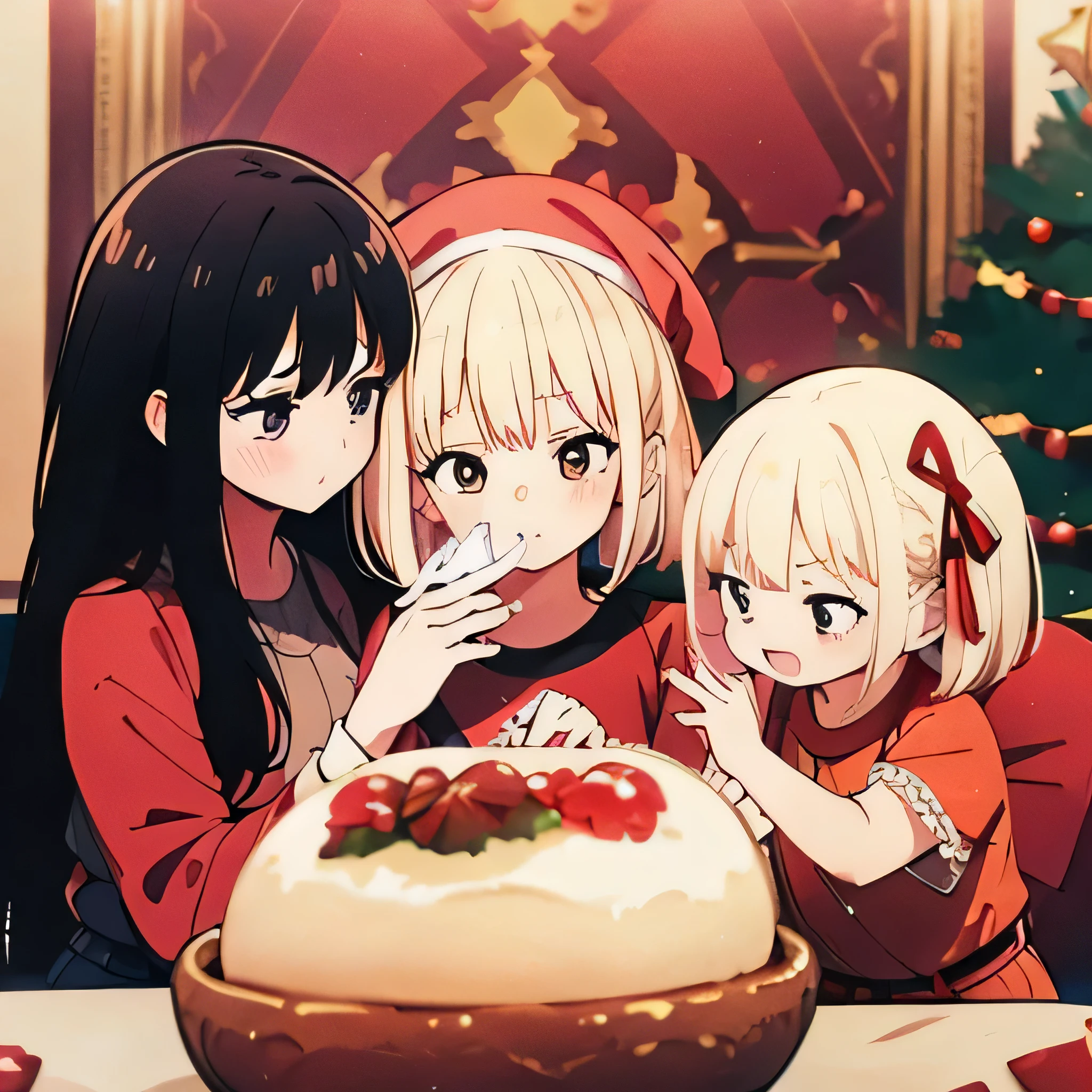 families,(2 adults and 1 child),red blush,Christmas cake,Santa Cos,Long Black Hair,Blonde Bob