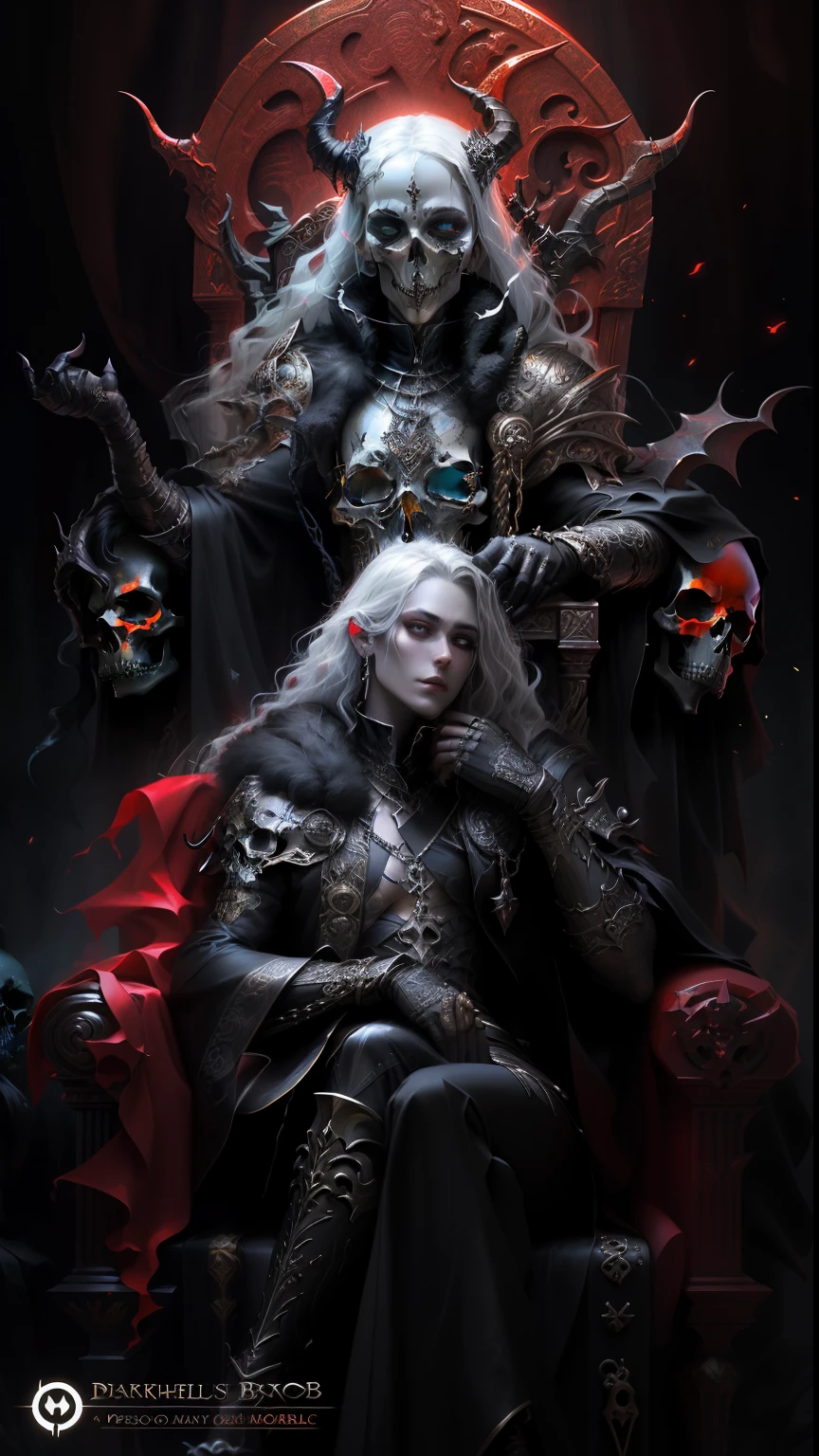 a close up of a person on a throne with a demon, beautiful male god of death, baroque dark art, Artstation contest winner, 8k high quality detailed art, adorned with demon skulls, goddess of death, dark fantasy style art, cgsociety 8k, cgsociety 8 k, cgsociety 8k, in style of dark fantasy art