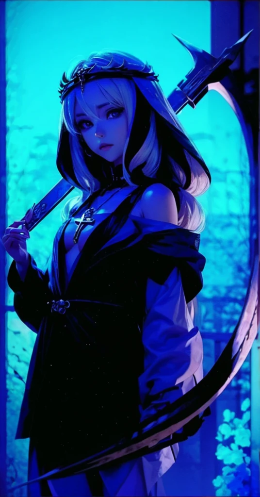 White hair、with a sickle、Cross Necklace、silber hair、Wear a blue aura、Good looking woman、Look into the viewer's eyes、Please wear a blue aura。masutepiece、Best image、Deities々aura、masutepiece、masutepiece