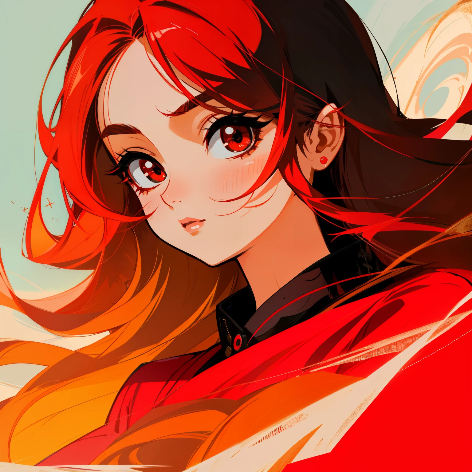 Cartoon illustration of lady in red shirt facingviewer, big eyes, round eyes, straight hair, longhair, beautiful, high quality, created by mrs beccadoodlefly, grunge beauty style, sandara tang,
closeup, charming character illustration, folklore