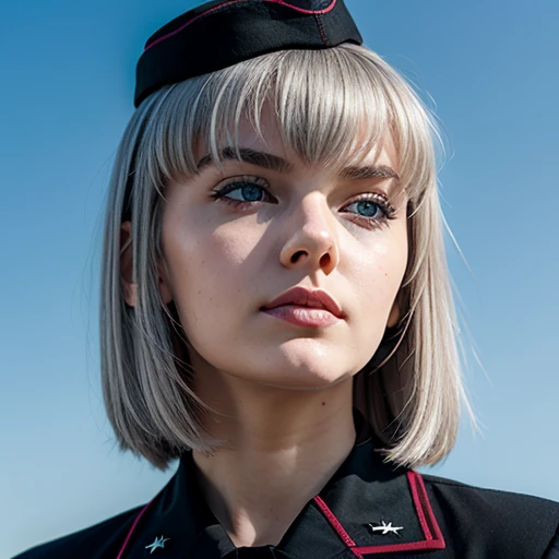 1 girl, young adult, european girl, pale skin, white hair, military uniform, black uniform, black hat, red classic, shirt, grey eyes, serious face, looking to the side, looking over shoulder, blue sky background, low angle point of view