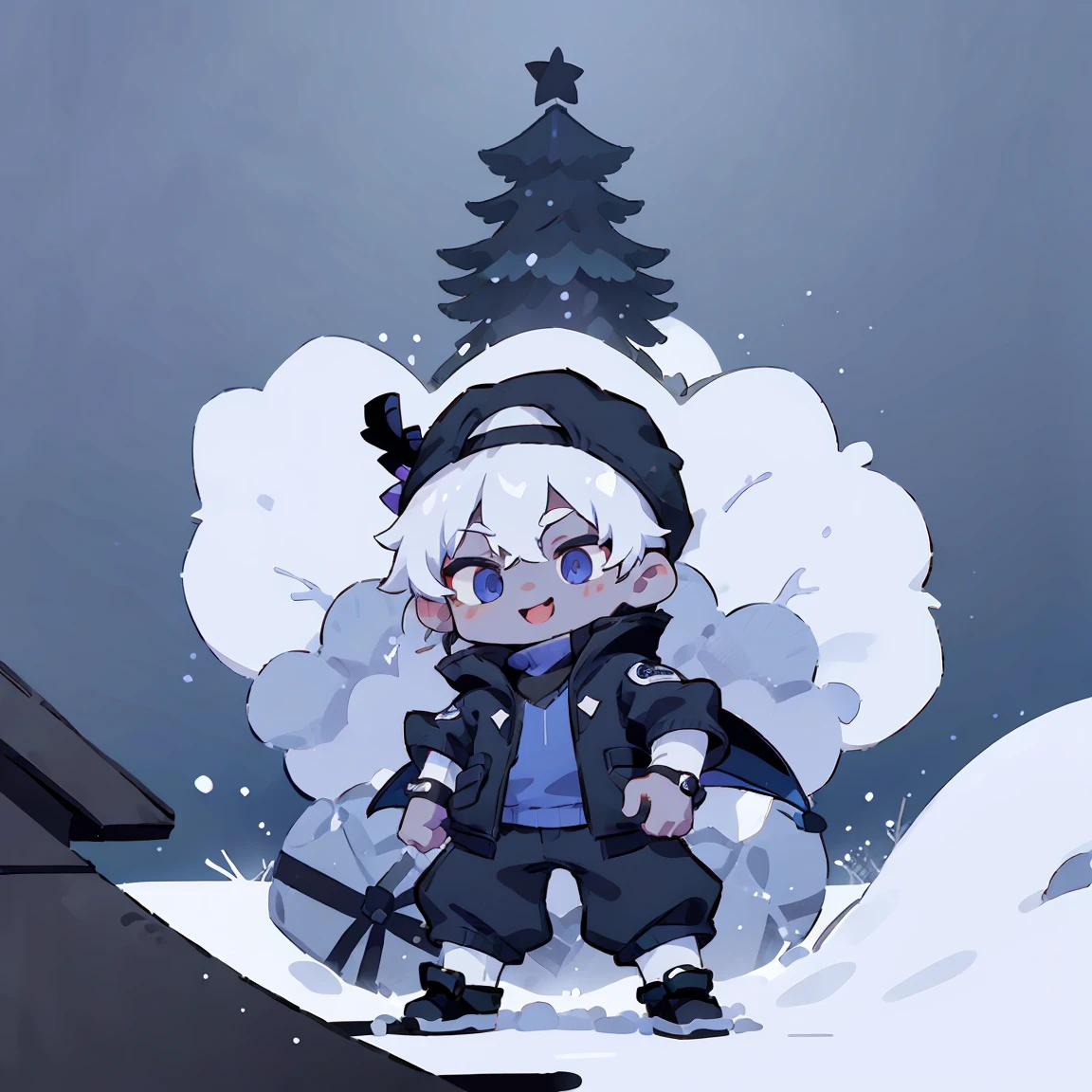 Purple-skinned boy, white hair with black ninja bow, round face, big blue eyes, smile, black jacket, Balenciaga clothes, samurai pants, Air Jordan, winter, park, white snow, Christmas tree, snow cover, panorama, front