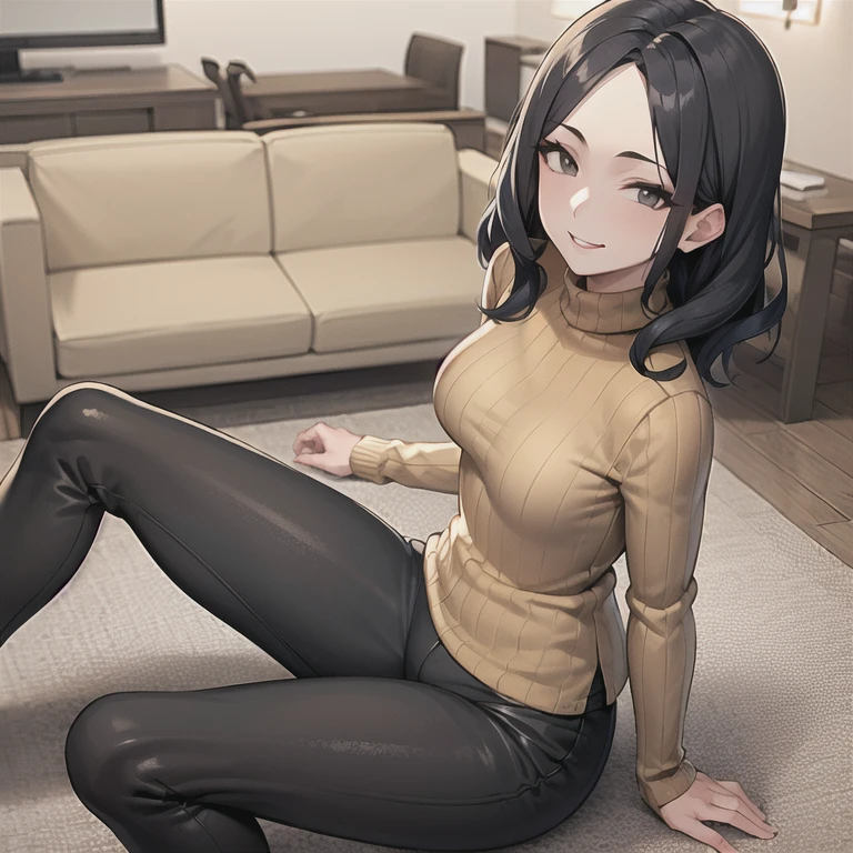 masterpiece, best quality, 1girl, solo, mature female, wavy hair, medium hair, black hair, black eyes, double-parted bangs, ribbed shirt, long sleeves, brown shirt, black pants, smile, looking at viewer, living room