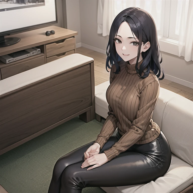 masterpiece, best quality, 1girl, solo, mature female, wavy hair, medium hair, black hair, black eyes, double-parted bangs, ribbed shirt, long sleeves, brown shirt, black pants, smile, looking at viewer, living room