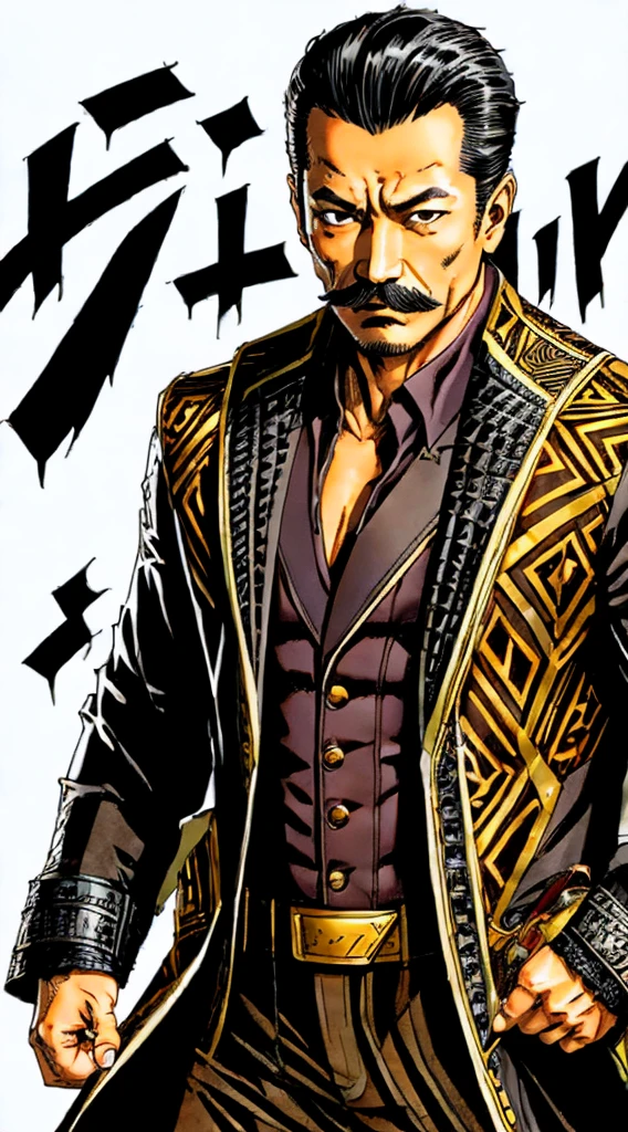 50 years old，Hidetoshi Nakata ，（Kogoro Mouri 1.3), man in kraven outfit, tong, mustache, little beard, kraven jacket marvel, short hair, drawing style picture, wallpaper quality, super detail, masterpiece, 4k hd, 8k hd, 16k hd