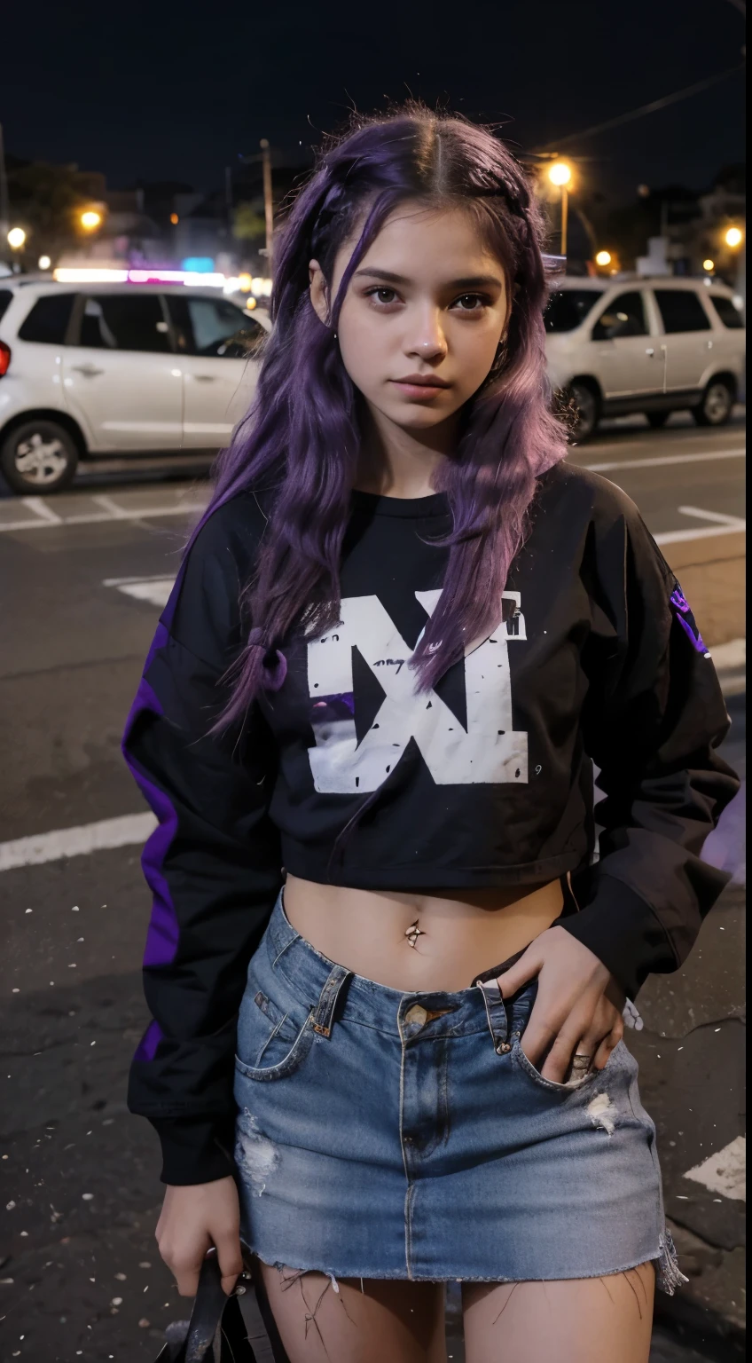 Menina bonita, menina jovem, 24 anos, Cabelo absurdamente longos, cabelo pintado todo de roxo, com roupas de inverno de cor roxo, andando numa noite na cidade, tempo de nevasca, apaixonada, realista.