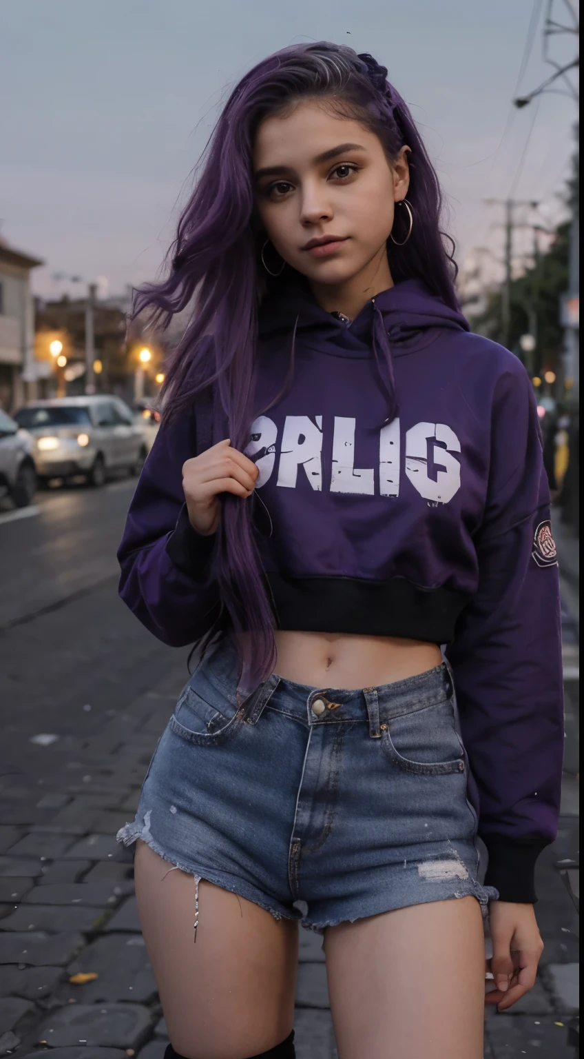 bonita, menina, 24 anos, Cabelo absurdamente longos, cabelo pintado todo de roxo, com roupas de inverno de cor roxo, andando numa noite na cidade, tempo de nevasca, apaixonada, realista.