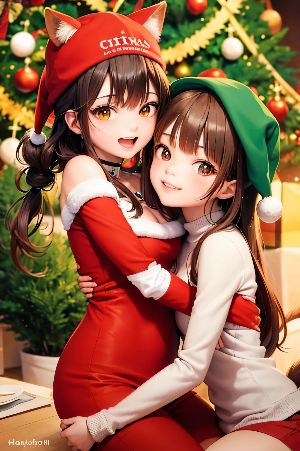 two anime girls hugging each other under christmas tree decorations and text saying, 'two christmas', multiple girls, 2girls, tail, animal ears, christmas, yuri, hat, virtual youtuber, food, santa hat, brown hair, santa costume