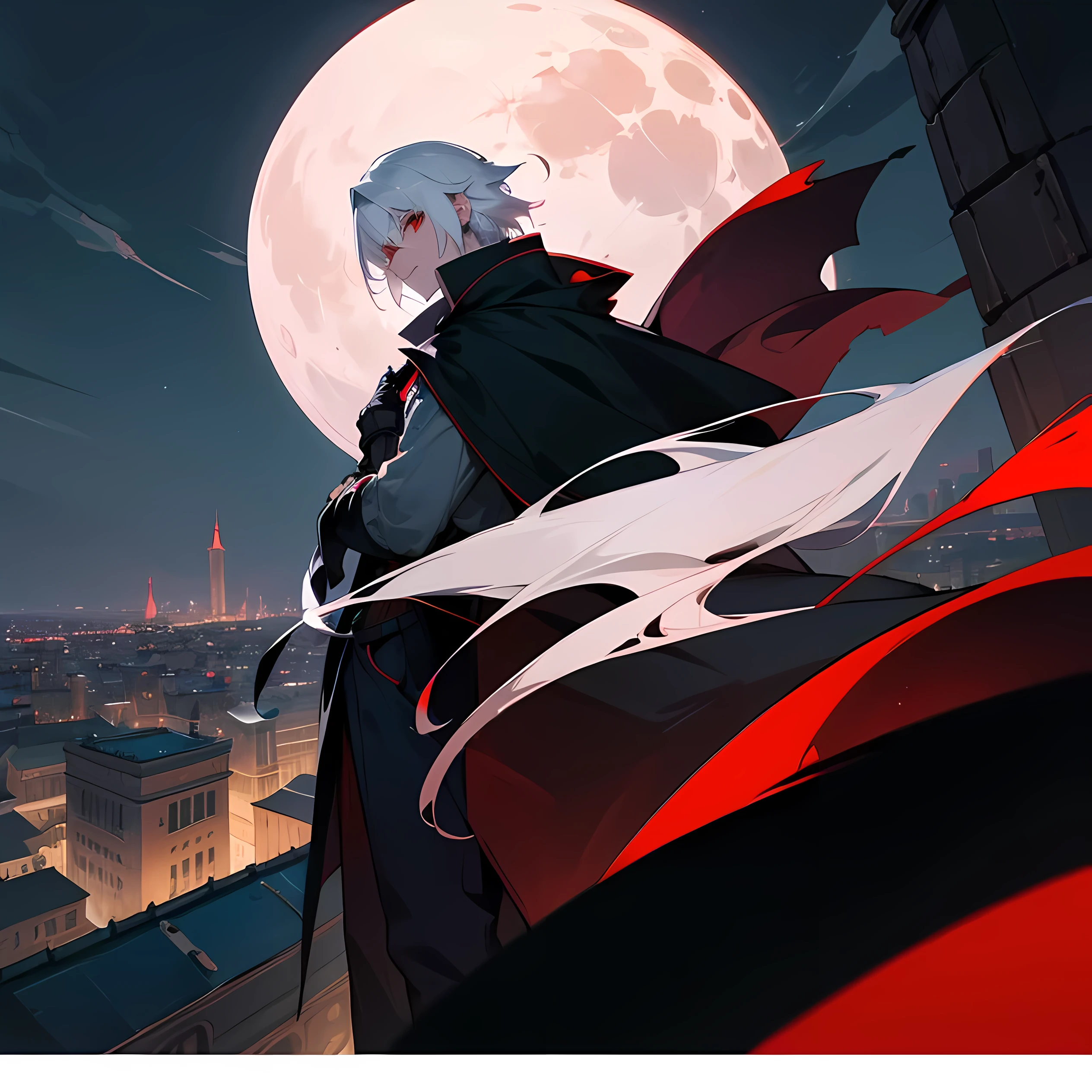 1boy, white hair, red eyes, wearing ragged black cloak, pants, looking at viewer, masterpiece, nighttime, rooftop, moon, looking at viewer from belowhighly detailed, ultrasharp, 8k