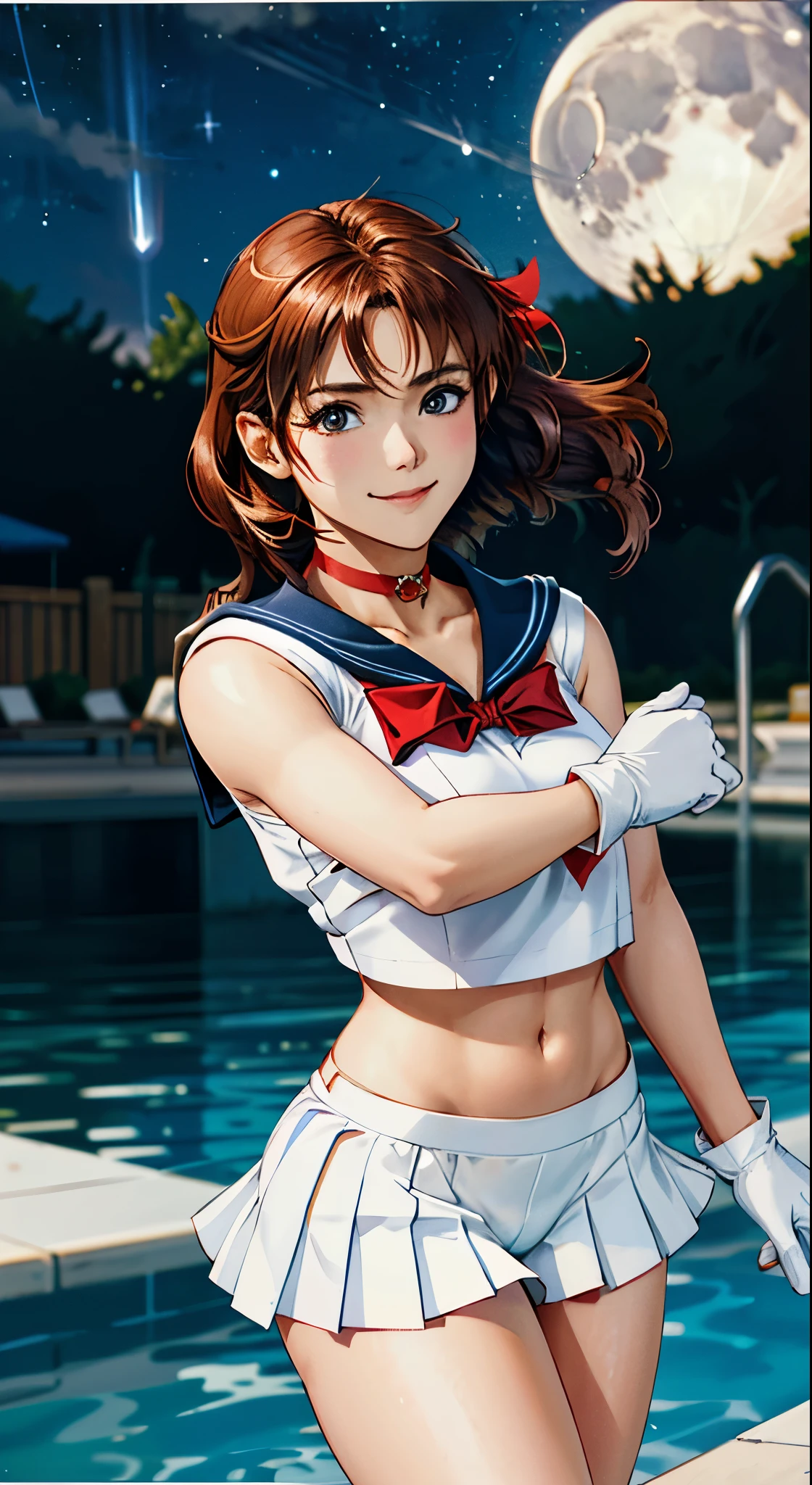 masutepiece, Best Quality, hight resolution, SV1, Sailor Senshi Uniform, Orange skirt, Poolside in summer、summer sunlight、gust of wind、White panties visible from the miniskirt、Bikini Panties、White shorts visible from the white miniskirt、short view、elbow groves, tiarra, Pleated skirt, Flipping up a miniskirt, White panty、Beautiful pantieeautiful camel toe、Red bow, orangechoker, White Gloves, Jewelry, Starry sky, badass pose, slight smile, Portrait, floating, Moon, Upper body
