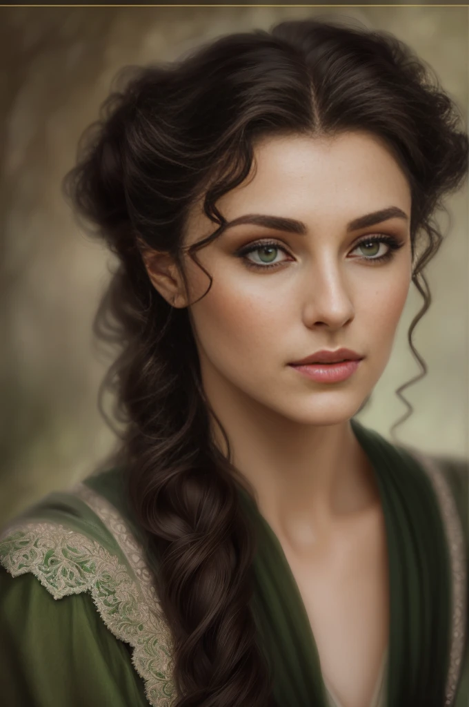 Arad woman with long hair and green eyes in a green dress, detailed beauty portrait, very beautiful elf portrait, detailed beautiful portrait, beautiful fantasy portrait, fantasy art portrait, beautiful and elegant female elf, digital fantasy portrait, detailed matte fantasy portrait, Gorgeous Digital Painting, beautiful fantasy art portrait, renaissance digital painting, elven character with smirk, realistic digital painting