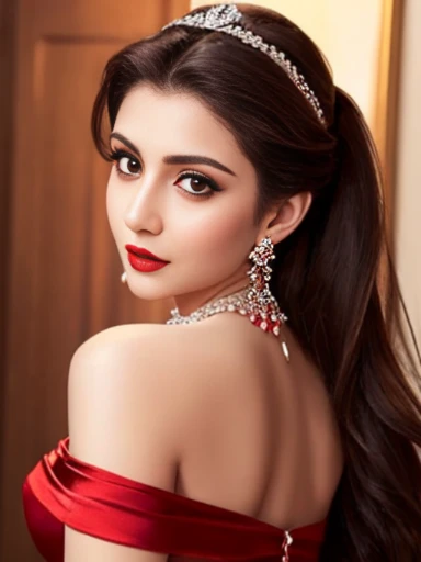 Lebanese lady, diamond dangling earrings, necklace, bracelets, small breasts, red lips, smokey eyes, red long satin dress, sad, hot, off shoulder, sleeveless, red cheeks, blush