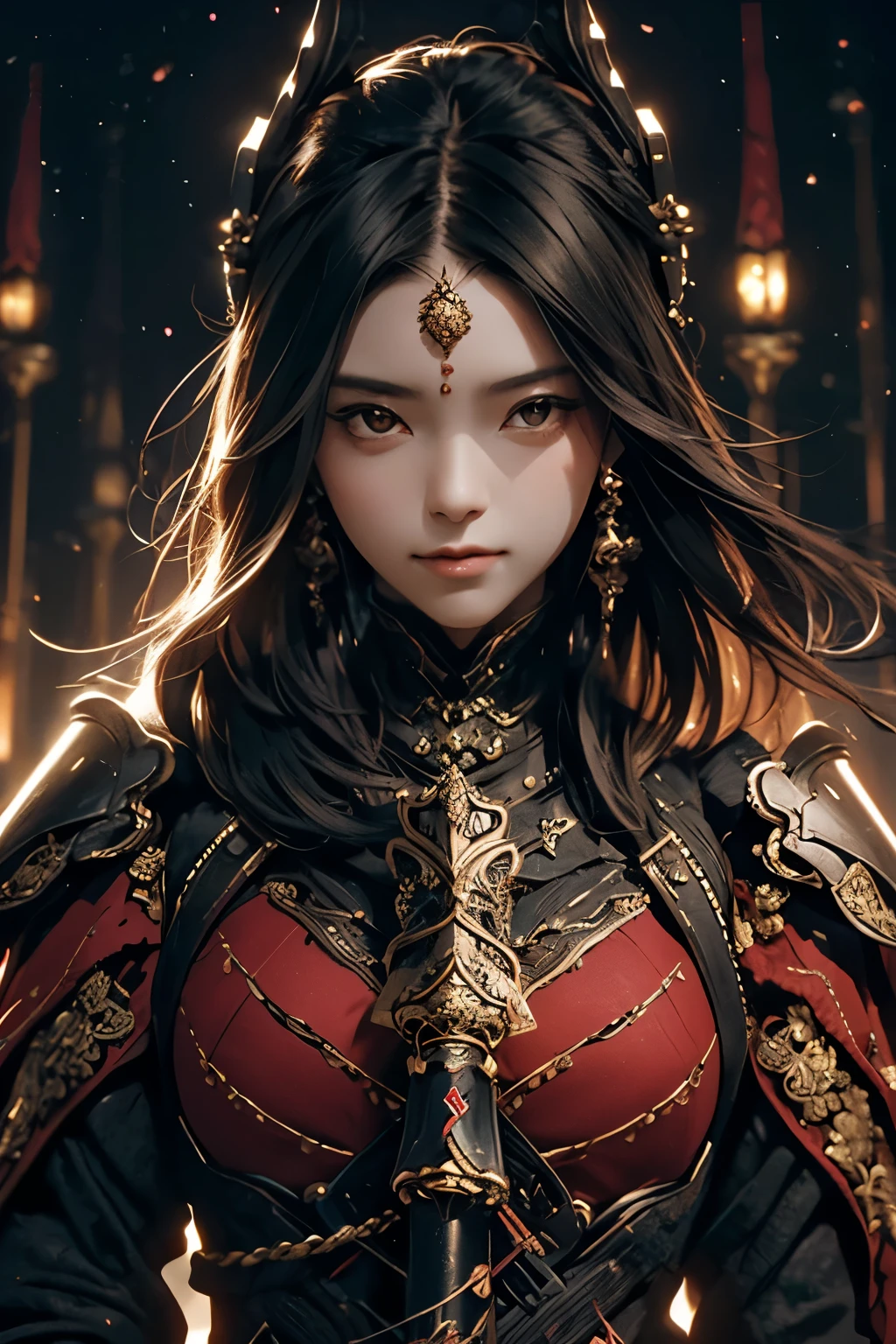A beautiful black haired girl carrying a katana, wearing ebonheart ornated dark red full body armor. intricate details, masterpiece, masterpiece, rembrandt lighting, ultra high res, intricate details, nature light, film grain, dreamlike, perfect anatomy, best shadow, delicate, RAW>, pleasured expression, spotless face, perfect face, detailed eyes, intricate detail, detailed face, temple background