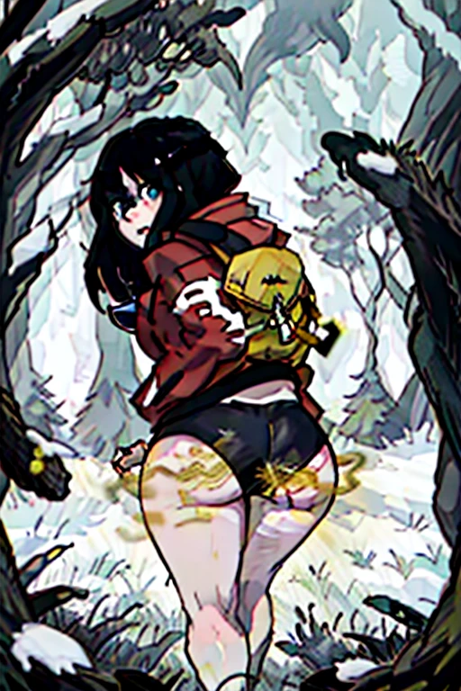 (masterpiece:1.2, best quality), (highly detailed:1.3), 1girl, 18yo girl, blond, (white panties), (red hoodie), backpack, walking in the forest, from behind, dark, spooky, ass view