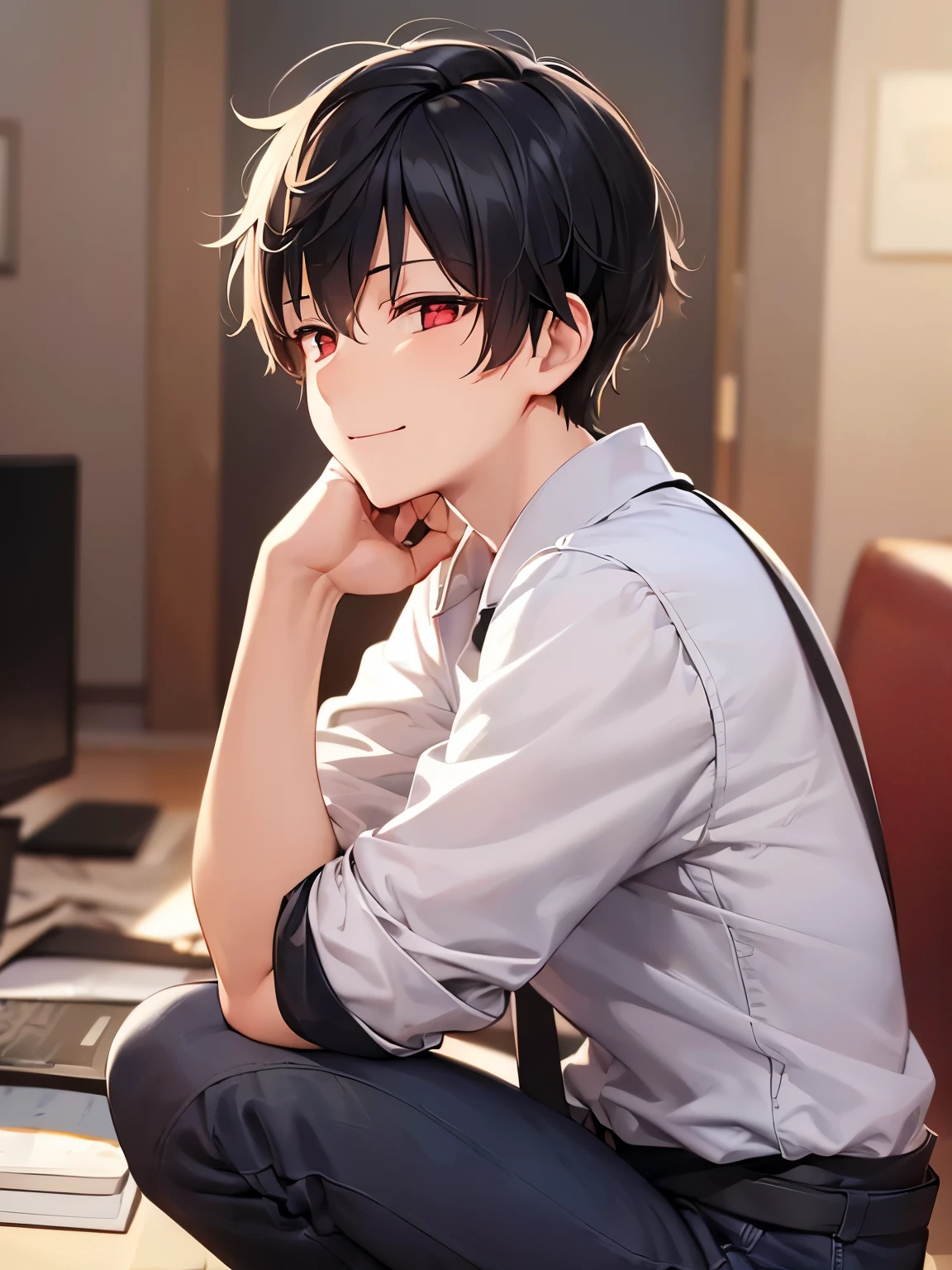 squatting, (looking away:1.5), side angle, ​masterpiece、hightquality、Like Japan cartoons、(25 year old man with short black hair and red eyes:1.5)、Wearing a white cutter shirt、(Alone:1.5)、smile, shy, (Only the upper body is shown.:1.3)、The background is a hotel suite、Bold composition