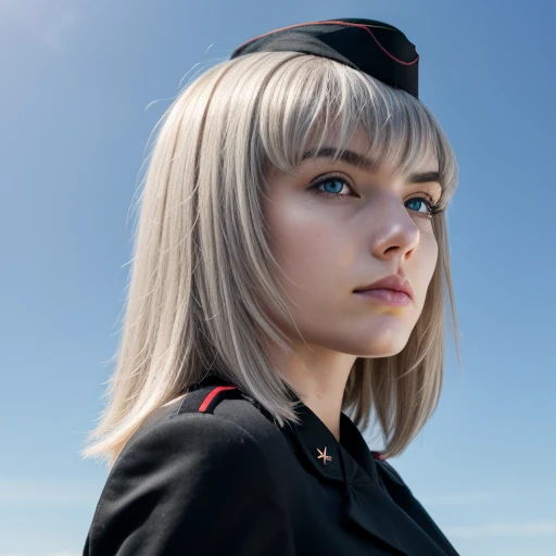 1 girl, young adult, european girl, very pale skin, white hair, military uniform, black uniform, black hat, red classic, shirt, grey eyes, serious face, focused expression, ears covered by hair, looking to the side, looking over shoulder, blue sky background, low angle point of view