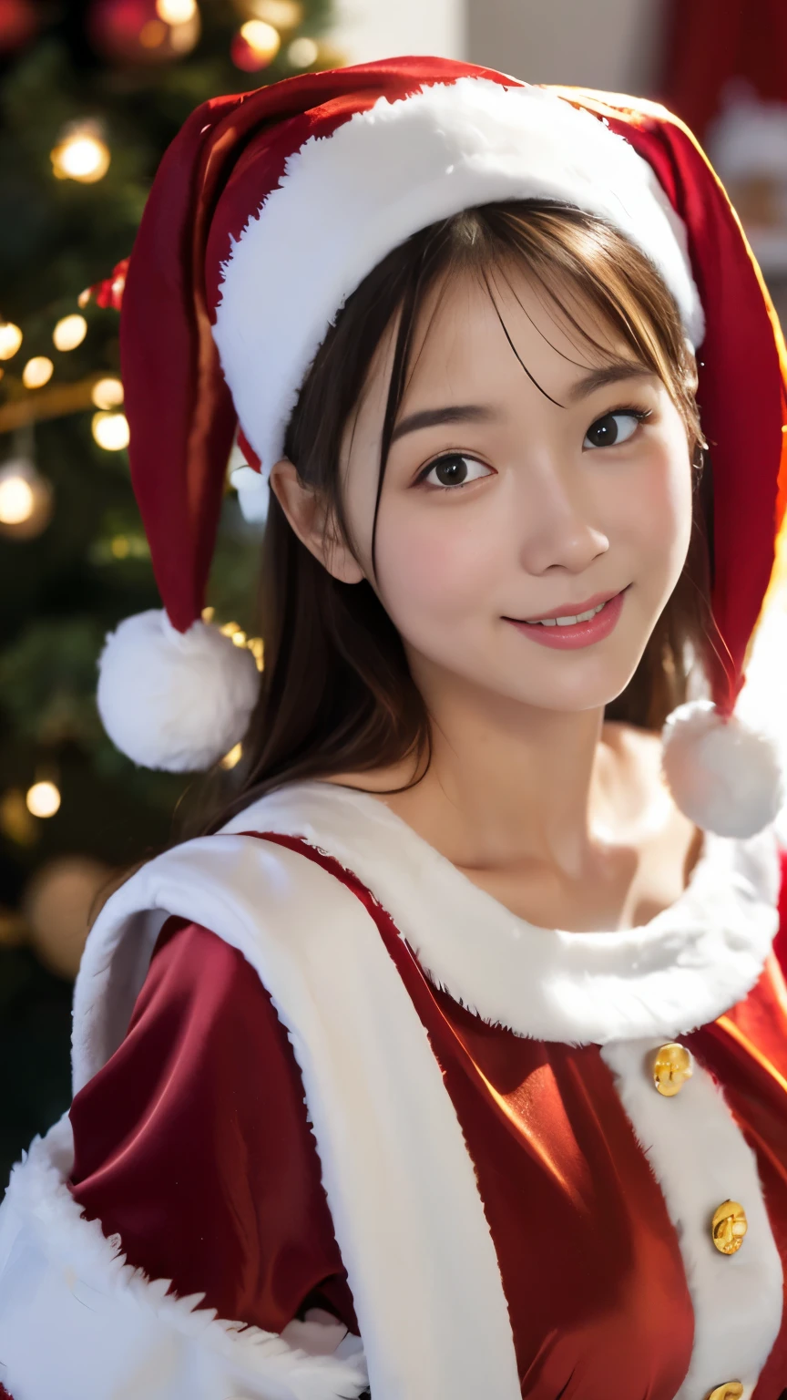 tre anatomically correct,Masterpiece of,High image quality,(Cute Santa Claus costumes:1.5),(The material of the costume is fine silk:1.4),20 years old, Japan Female, (Random posture:1.4),Professional Lighting,((Japan hair)),((Natural smile)),The ultra-detailliert、High quality textures、intricate detailes、detaileds、非常detailedsなCG、High quality shadows、Detail Beautiful delicate face、Detail Beautiful delicate eyes、depth of fields、Ray traching,1girl in, japanaese girl, Fashion Model, slender,Warm atmosphere,A store full of Christmas atmosphere、Christmas tree、large boob、Too much skin exposure