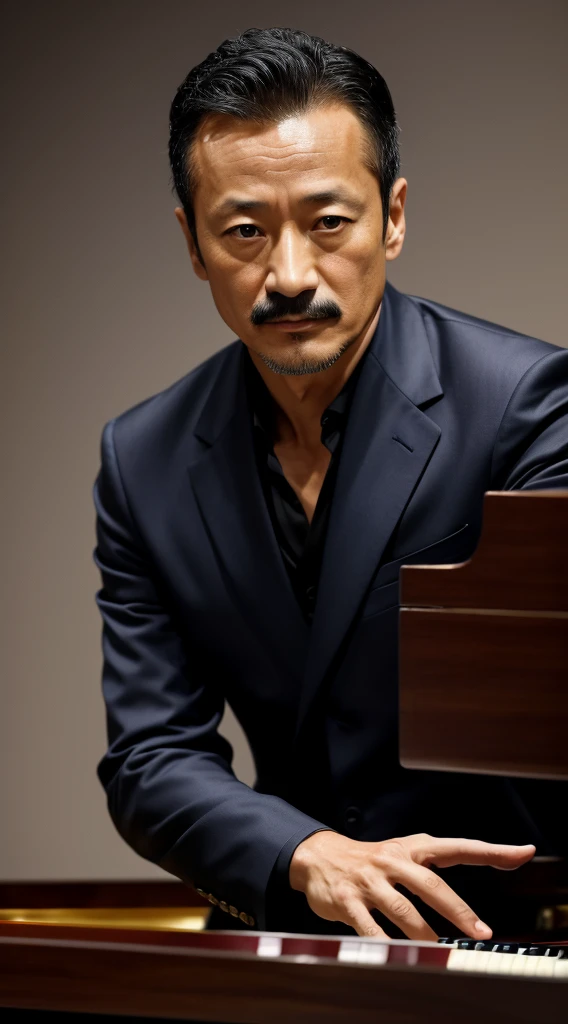 50 years old，Hidetoshi Nakata ，（Kogoro Mouri 1.3), man playing piano, tong, mustache, little beard, short hair, showcase, stage concert, wallpaper quality, super detail, masterpiece, 4k hd, 8k hd, 16k hd