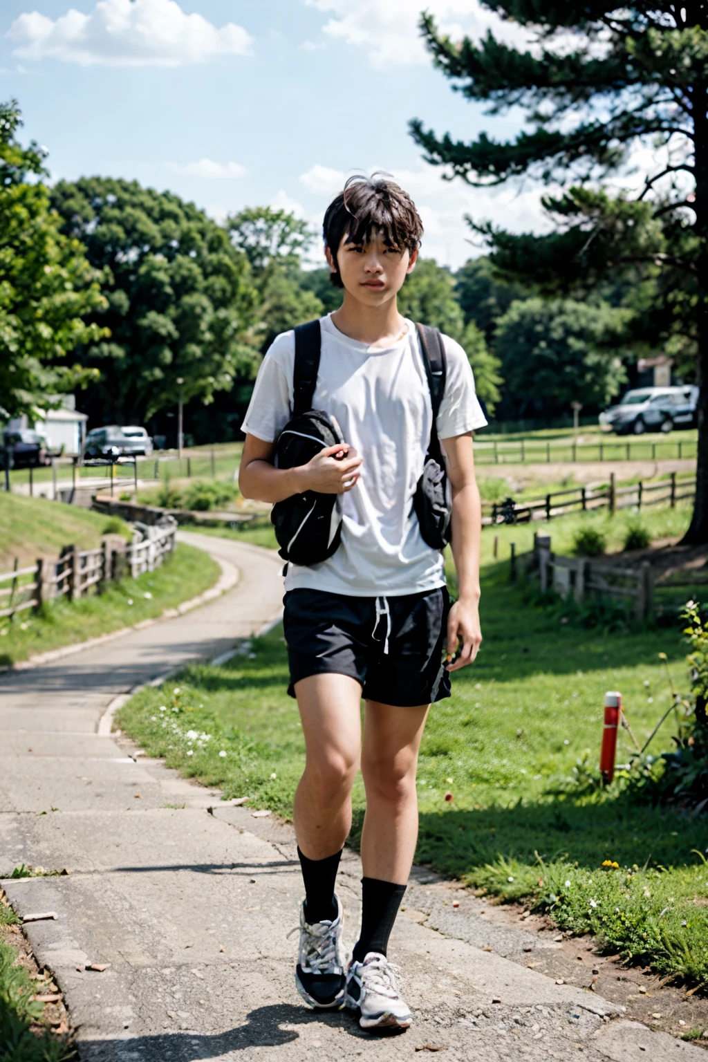 young adult male,adolescent,man,Asian,kawaii,Fair-skinned,Wear a white shirt.,Wear brown shorts,White shoes,Carrying a backpack,full entire body,lifelike,countryside,rural, clarity,4k