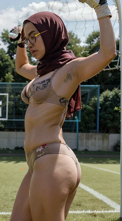 (((side view))), (((1woman))),(((solo woman))), Photo of a mature malay female with saggy breasts, (((keeping the goal))) in the middle of(soccer field), 40yo,busty body, tall body, tanned skin, dimples, light, detailed face, embarrassed face, ((looking disgusted)), ((very angry)), (dissapointed), ((hands raised up)), ((hands in front)),perfectbreasts, big breasts, natural breasts,big ass, big hips, G cup, (((brown hijab))),(((glasses))), (((sorella underwear))), (nude), (((sorella bra))), (((sorella panties))), (((goalkeeper gloves))), (sweat)