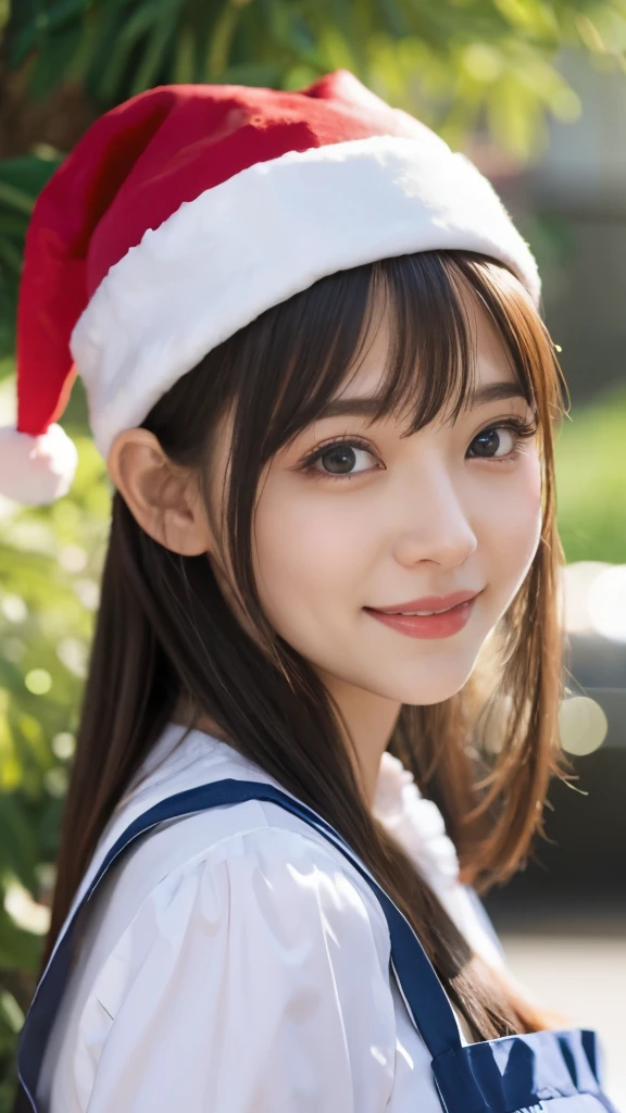 bright expression、photorealisim、top-quality、超A high resolution、a picture、絶妙に美しい北欧生まれの女の子のa picture、Extraordinary beautiful girl、Detailed cute and beautiful face、(pureerosface_v1:0.008)、Short bob cut with beautiful bangs、alice in the wonderland、28 year old、Glowing white shiny skin、Flow of hair that extends to the face、Bangs between the eyes、Attractive bright natural platinum blonde super long straight silky hair、finer hair、Attractive glowing beautiful bright clear light blue big eyes、White Apron、a blue dress、eye liner、Double eyelids、Lush bust、(Smile:1.2),(santa hat:1.1)、Christmas tree