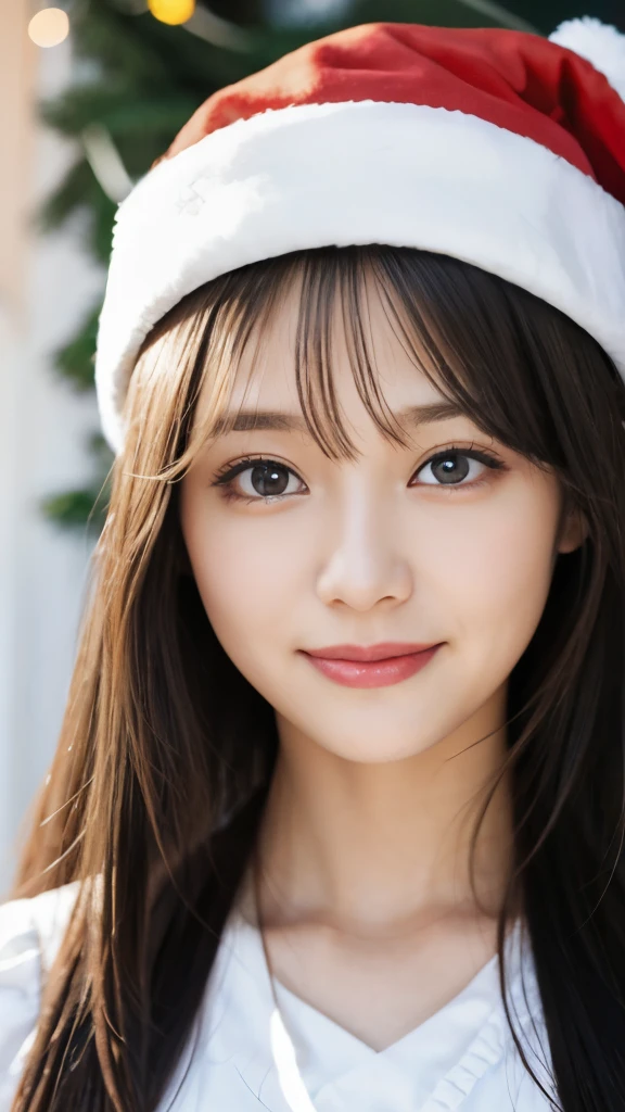 bright expression、photorealisim、top-quality、超A high resolution、a picture、絶妙に美しい北欧生まれの女の子のa picture、Extraordinary beautiful girl、Detailed cute and beautiful face、(pureerosface_v1:0.008)、Short bob cut with beautiful bangs、alice in the wonderland、28 year old、Glowing white shiny skin、Flow of hair that extends to the face、Bangs between the eyes、Attractive bright natural platinum blonde super long straight silky hair、finer hair、Attractive glowing beautiful bright clear light blue big eyes、White Apron、a blue dress、eye liner、Double eyelids、Lush bust、(Smile:1.2),(santa hat:1.1)、Christmas tree