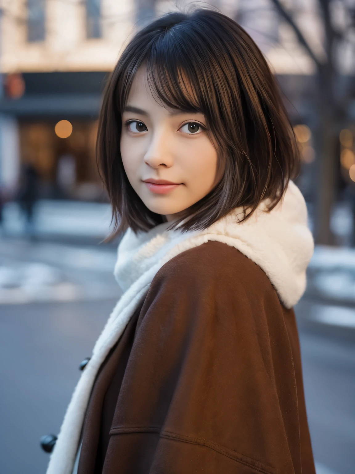 Photorealsitic, 8K, Full body portrait, Beautuful Women, A charming expression, Shorthair, 18year old, TOKYOcty, Winters, Shibuya in the background
