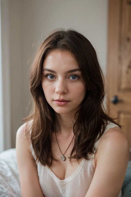 (Please generate an image of a young woman wearing a shirt and necklace. She has brown hair, bigger, eBlue eyes, and a subtle, natural makeup. The photo should show that she has no obvious makeup, She should look directly into the camera. The face should look real and natural. Full body shots of this attractive woman should feature eye-catching poses, She has sharp blue eyes. The girl has a sweet temperament, And the posture should be sweet too. Please make sure the woman&#39;s entire body is visible in the image. The background should be clear、Neatness. The details of the image should be of high quality(Best quality at best)), ((tmasterpiece)), (Detailed pubic hair), s the perfect face