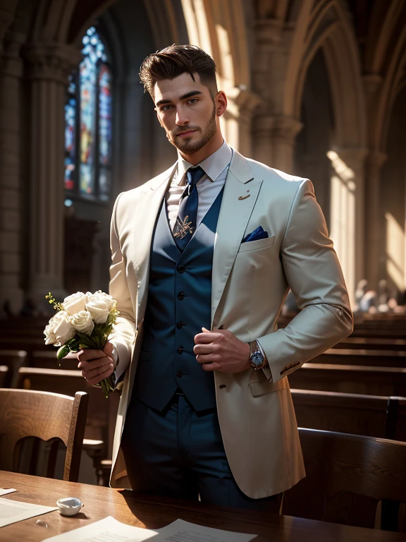 k hd,8K分辨率,professional photoshooting,profesional lighting,two very attractive men,30 age old,Big handsome guy,Bearded,Brush cut,(ssmile),tall, cool and handsome,cool guy,A man holds a bouquet of blue roses in his hand,elegant suit,Impressive appearance,In a luxurious and modern cathedral,The church is full of people,The atmosphere was convivial, perfect and highlight moments of their lives,HUItra cannon,细节Exquisite完美,best quality,Exquisite,The is very detailed。超高分辨率,complex detailed detailed,physically-based renderingt,Good balance,edge lit,lock focus,Realistic photos,photorealistic art,HighDynamicRange,realistic model
