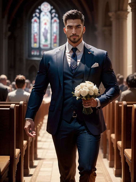k hd,8K分辨率,professional photoshooting,profesional lighting,two very attractive men,30 age old,Big handsome guy,Bearded,Brush cut,(ssmile),tall, cool and handsome,cool guy,A man holds a bouquet of blue roses in his hand,elegant suit,Impressive appearance,In a luxurious and modern cathedral,The church is full of people,The atmosphere was convivial, perfect and highlight moments of their lives,HUItra cannon,细节Exquisite完美,best quality,Exquisite,The is very detailed。超高分辨率,complex detailed detailed,physically-based renderingt,Good balance,edge lit,lock focus,Realistic photos,photorealistic art,HighDynamicRange,realistic model