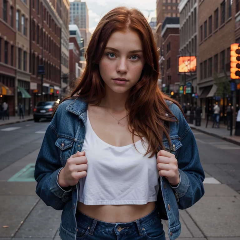 Caucasian red hair middle 20 years girl, fit, staring at the viewer, realistic in Denver Colorado at
Larimer Square, wearing a blue jeans jacket glowing hazel greenish eyes intense, solodramatic lightinasterpiece:1.2), best quality, high resolution, beautiful detailed, extremely detailed, perfect lighting.