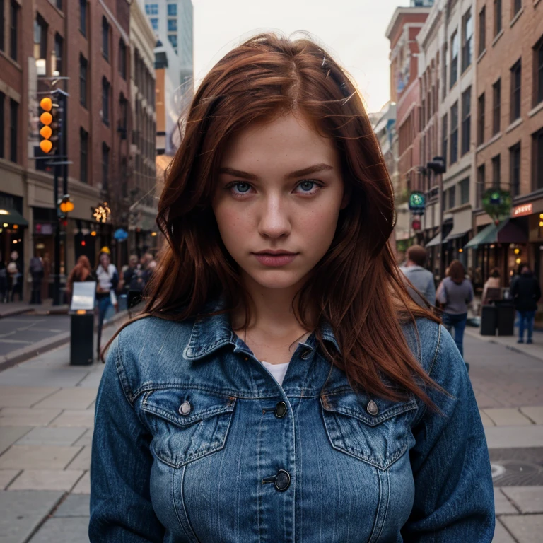 Caucasian red hair middle 20 years girl, fit, staring at the viewer, realistic in Denver Colorado at 
Larimer Square, wearing a blue jeans jacket  glowing hazel greenish eyes intense, solodramatic lightinasterpiece:1.2), best quality, high resolution, beautiful detailed, extremely detailed, perfect lighting.