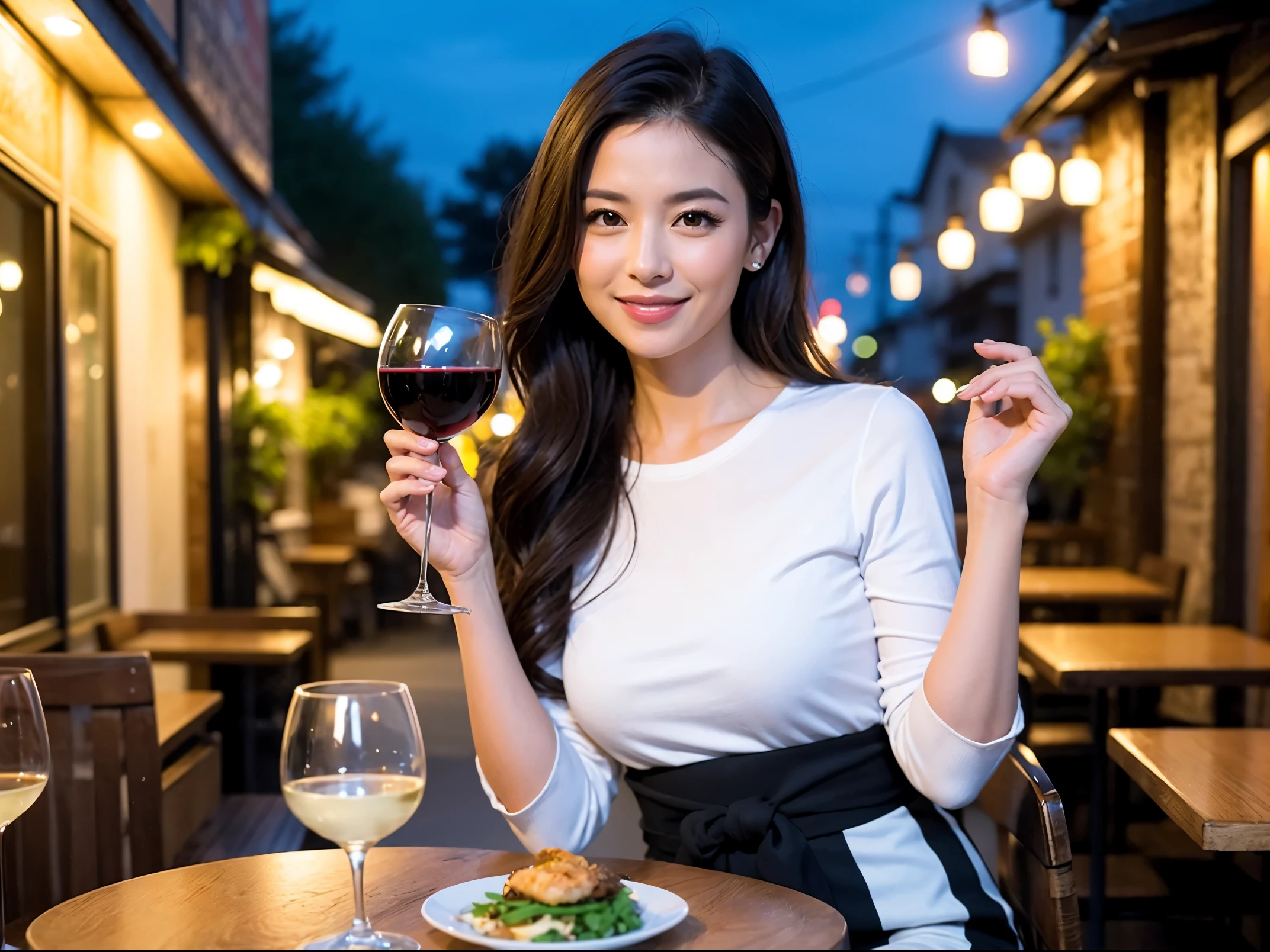 (64k uhd, nffsw, of the highest quality, masutepiece: 1.2), (Realistic, Photorealistic: 1.37), Pretty Woman 1, (Slim Face), (slimボティ), (Brown hair), (short-cut), Americana、Frenchman、cheeks blush a little, (40 years old), 38 years, Solo, A beautiful and detailed night view spreads out outside the window......., restaurant, wine glassesに座って, At night, In a prominent place (from waist up) NovaFrogStyle, actress, Model, waist-up, white wine, slim, wine glasses, Super clean night view, 真ん中に置かれたwine glasses, Happy smile, (Smile: 1.15), Beautiful fine eyes, Upper body, Bust Japan Up, Night, Short, Short, actress, Model, waist-up, white wine, slim, wine glasses, Super clean night view, 真ん中に置かれたwine glasses, Happy smile,
